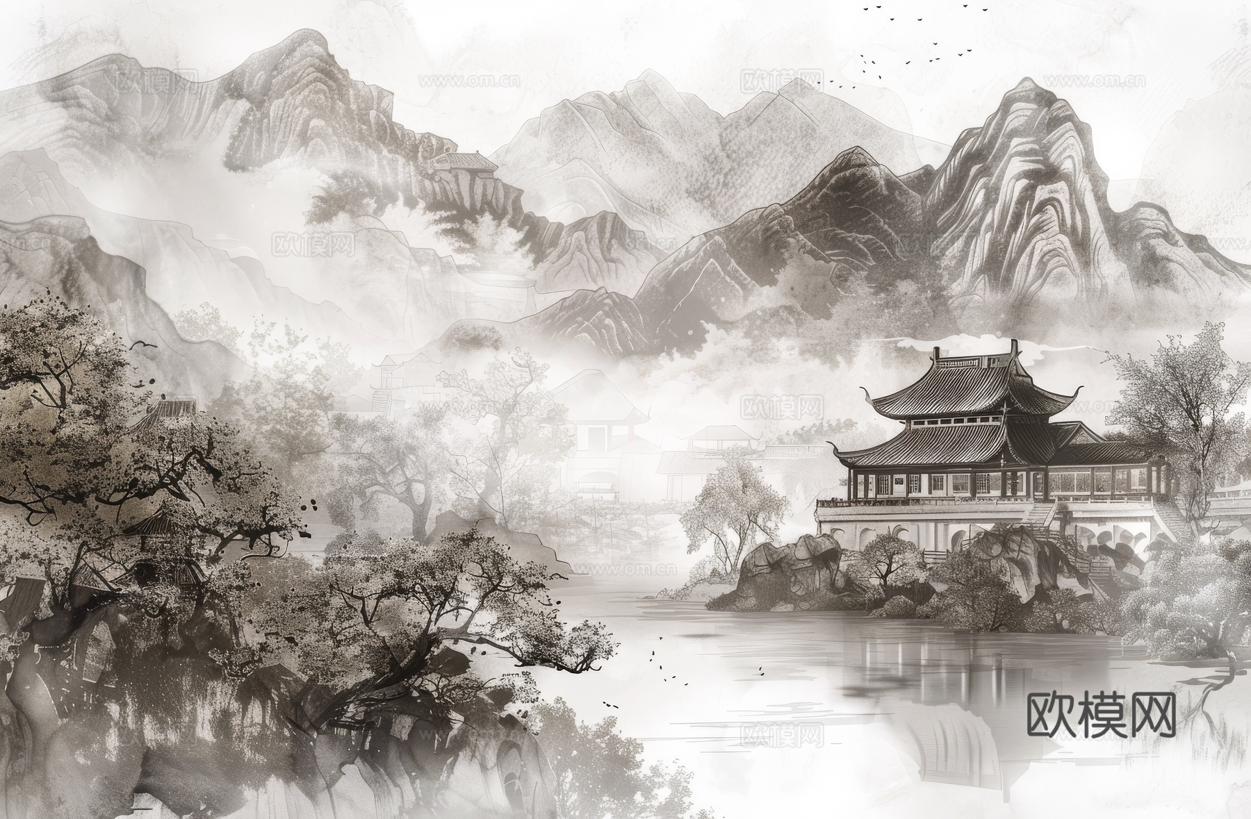 新中式亭台楼阁线条建筑壁画下载（渲染图7）