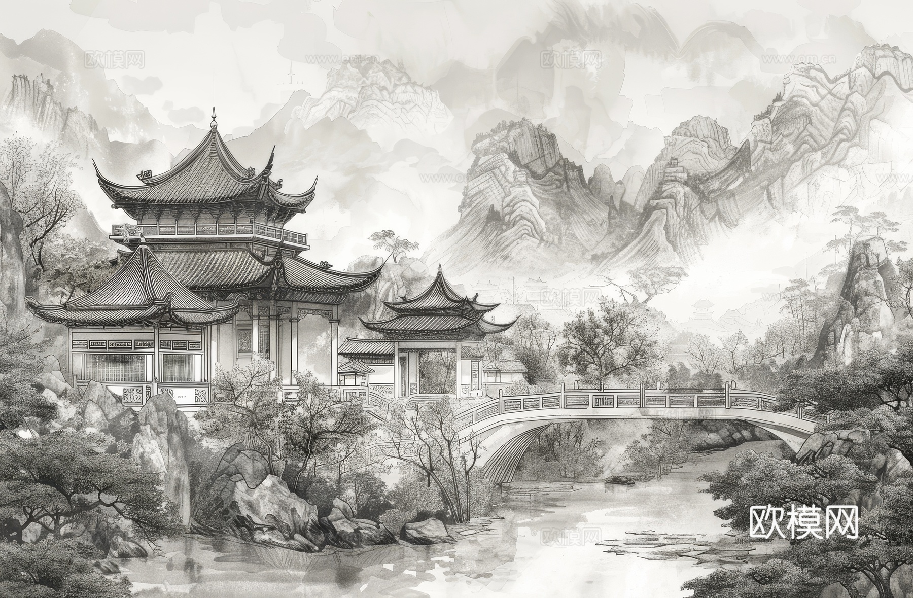 新中式亭台楼阁线条建筑壁画下载（渲染图6）