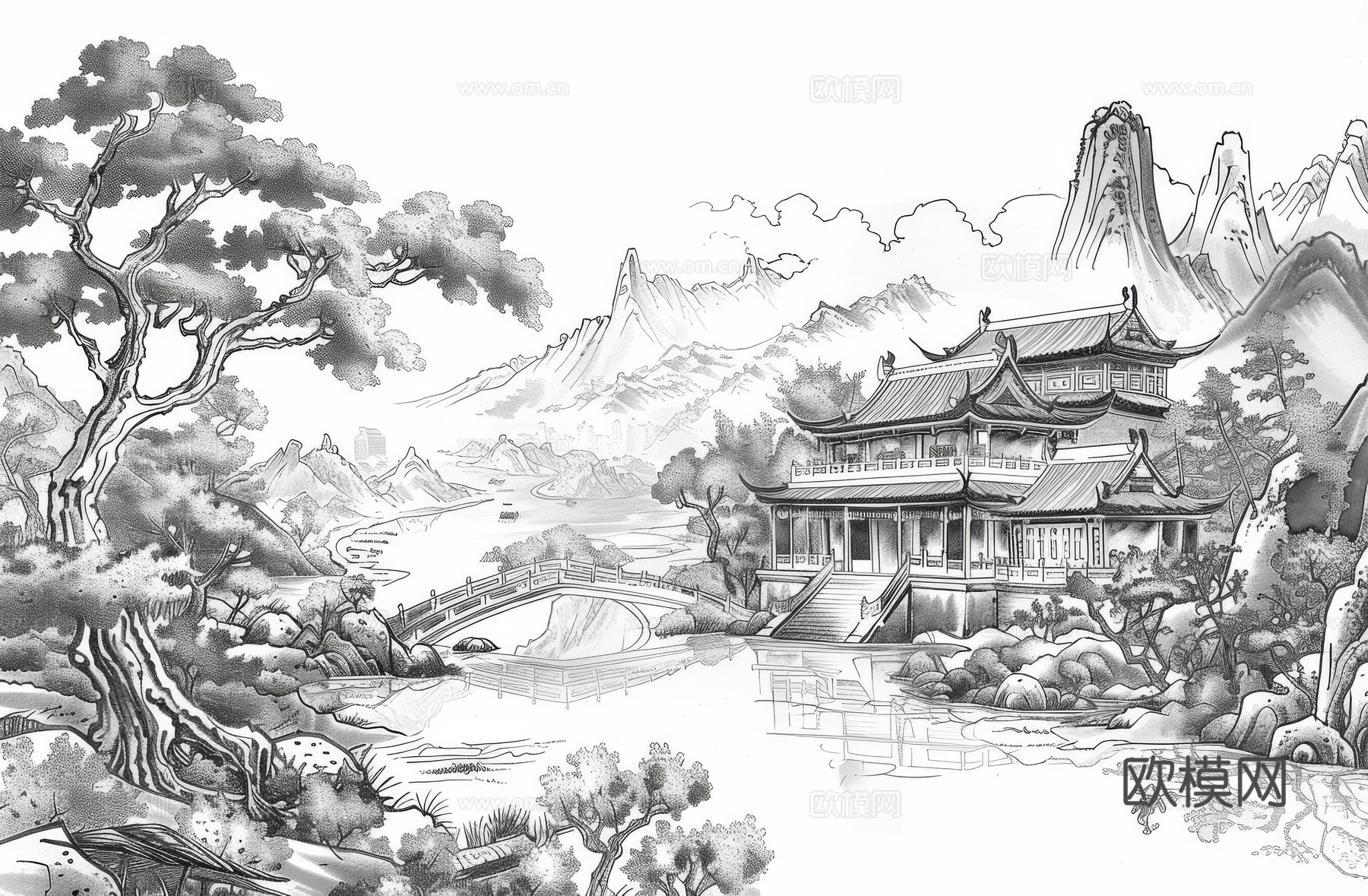 新中式亭台楼阁线条建筑壁画下载（渲染图8）