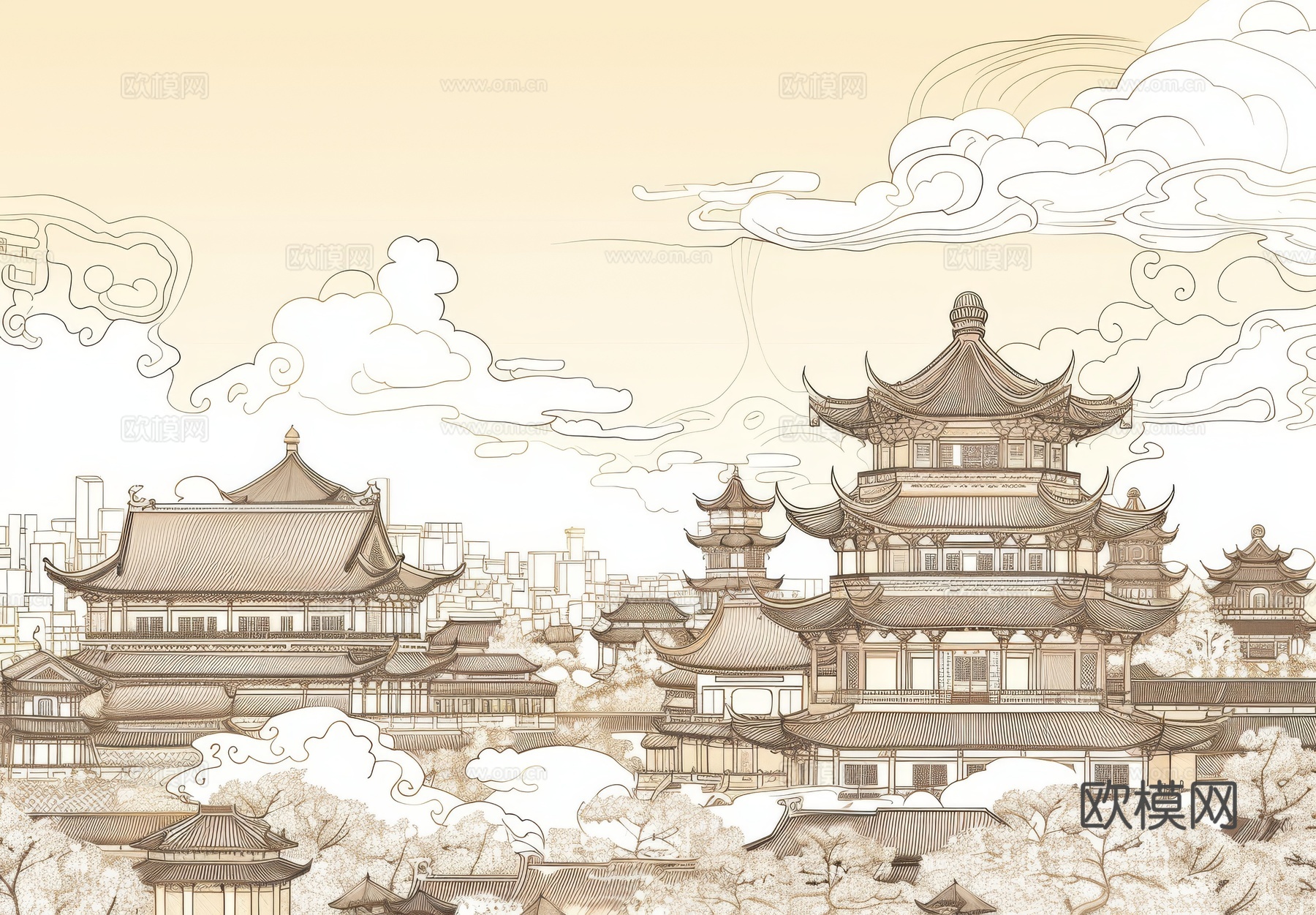 新中式亭台楼阁线条建筑壁画下载（渲染图1）