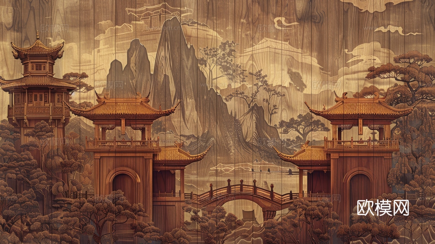 新中式亭台楼阁线条建筑壁画