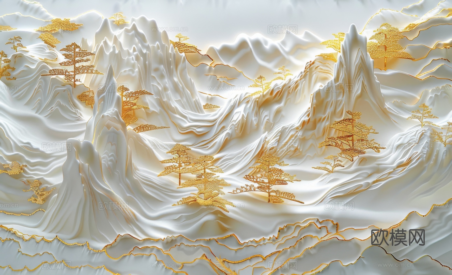 新中式亭台楼阁线条建筑壁画下载（渲染图4）