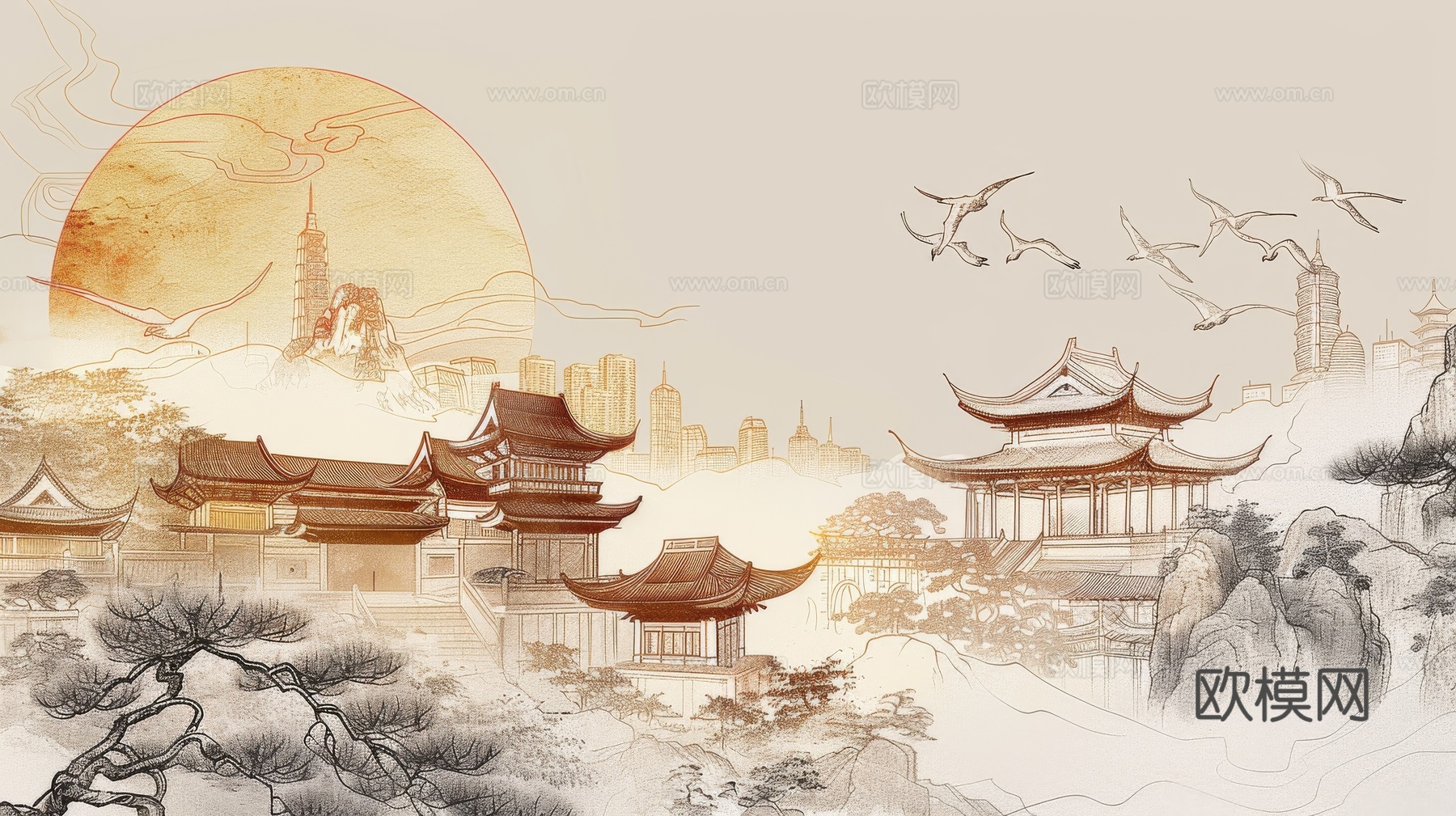 新中式亭台楼阁线条建筑壁画