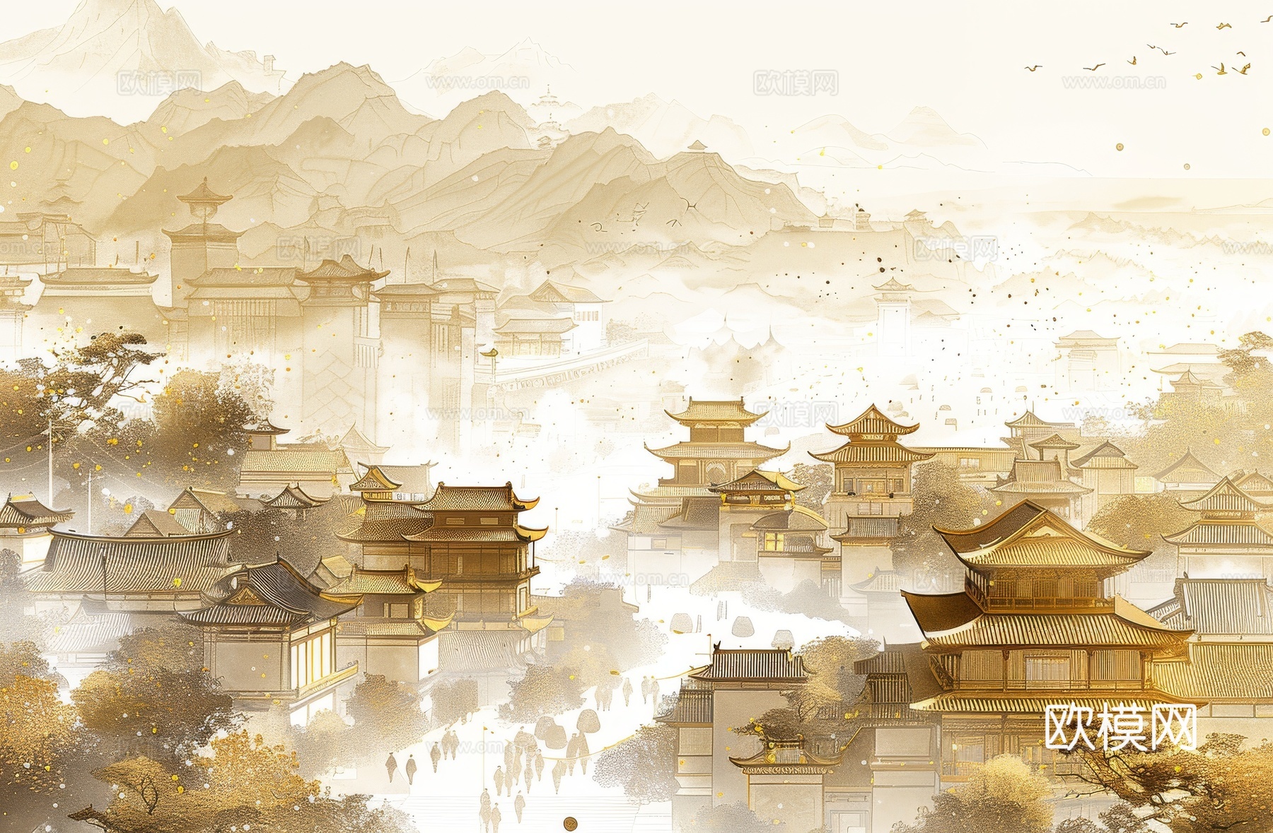 新中式亭台楼阁线条建筑壁画