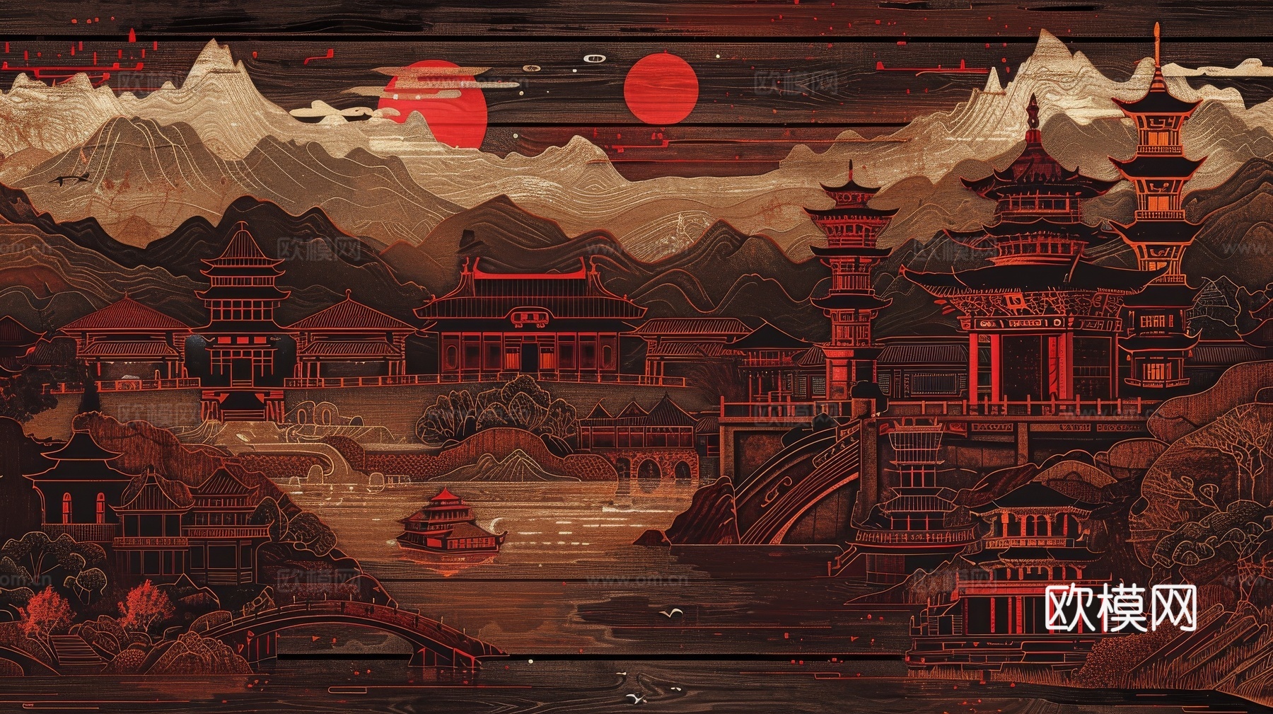 新中式亭台楼阁线条建筑壁画