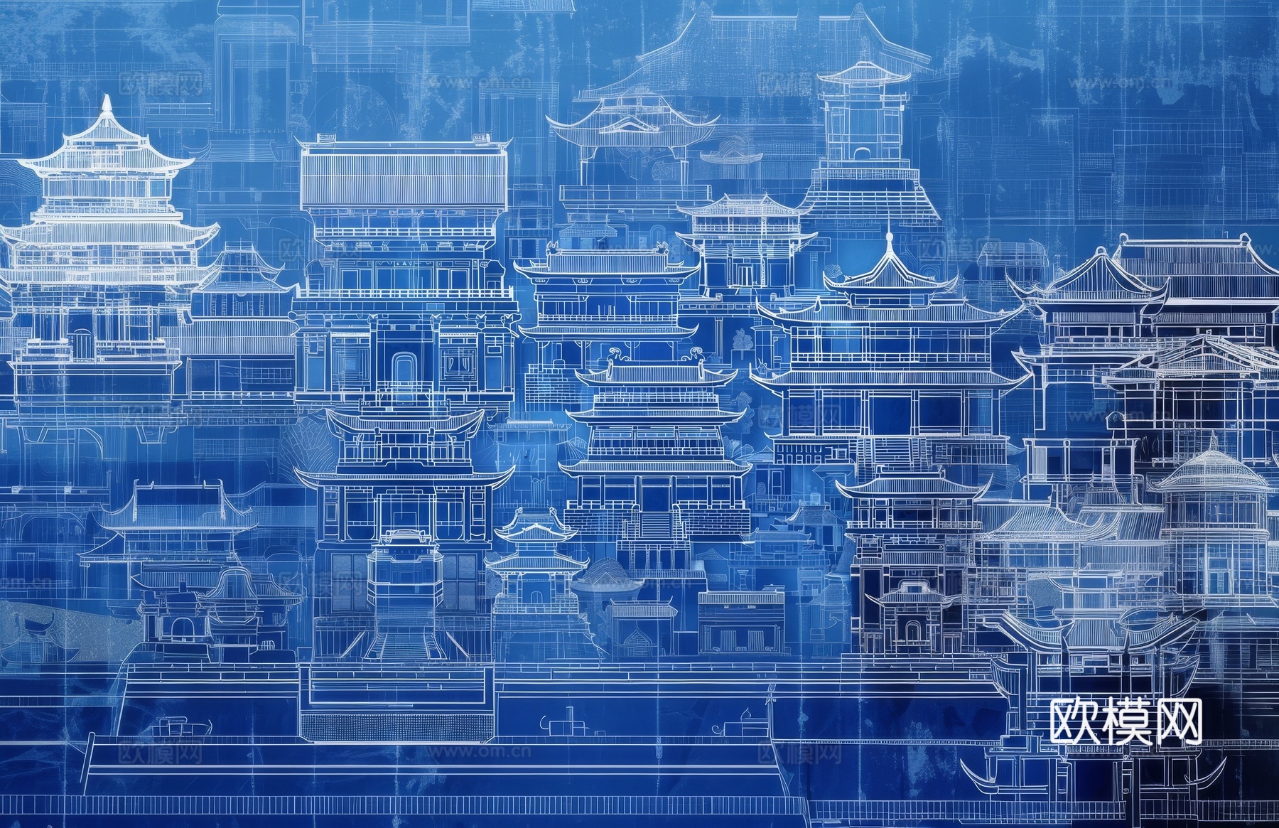 新中式亭台楼阁线条建筑壁画