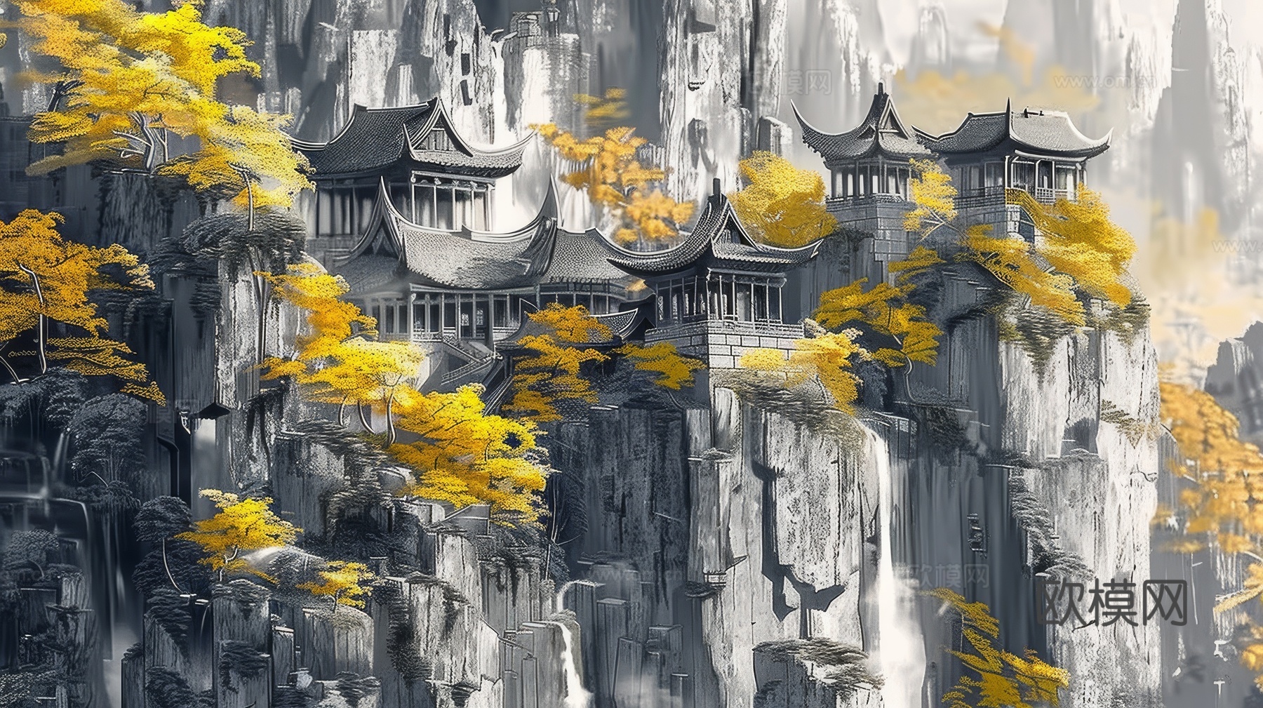 新中式亭台楼阁线条建筑壁画