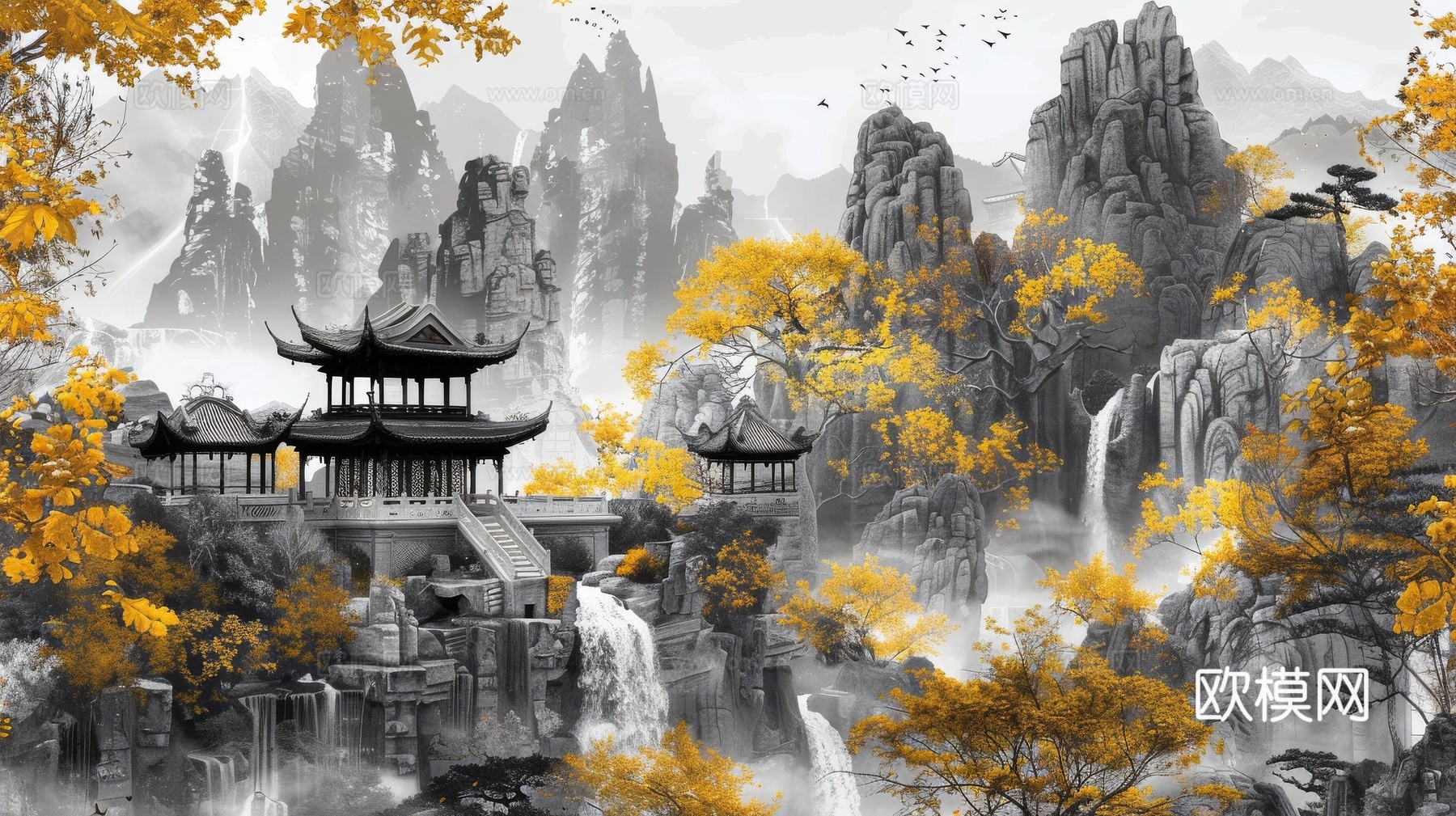 新中式亭台楼阁线条建筑壁画