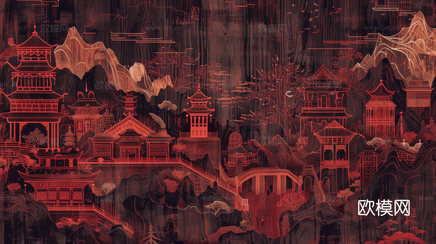 新中式亭台楼阁线条建筑壁画下载（渲染图6）