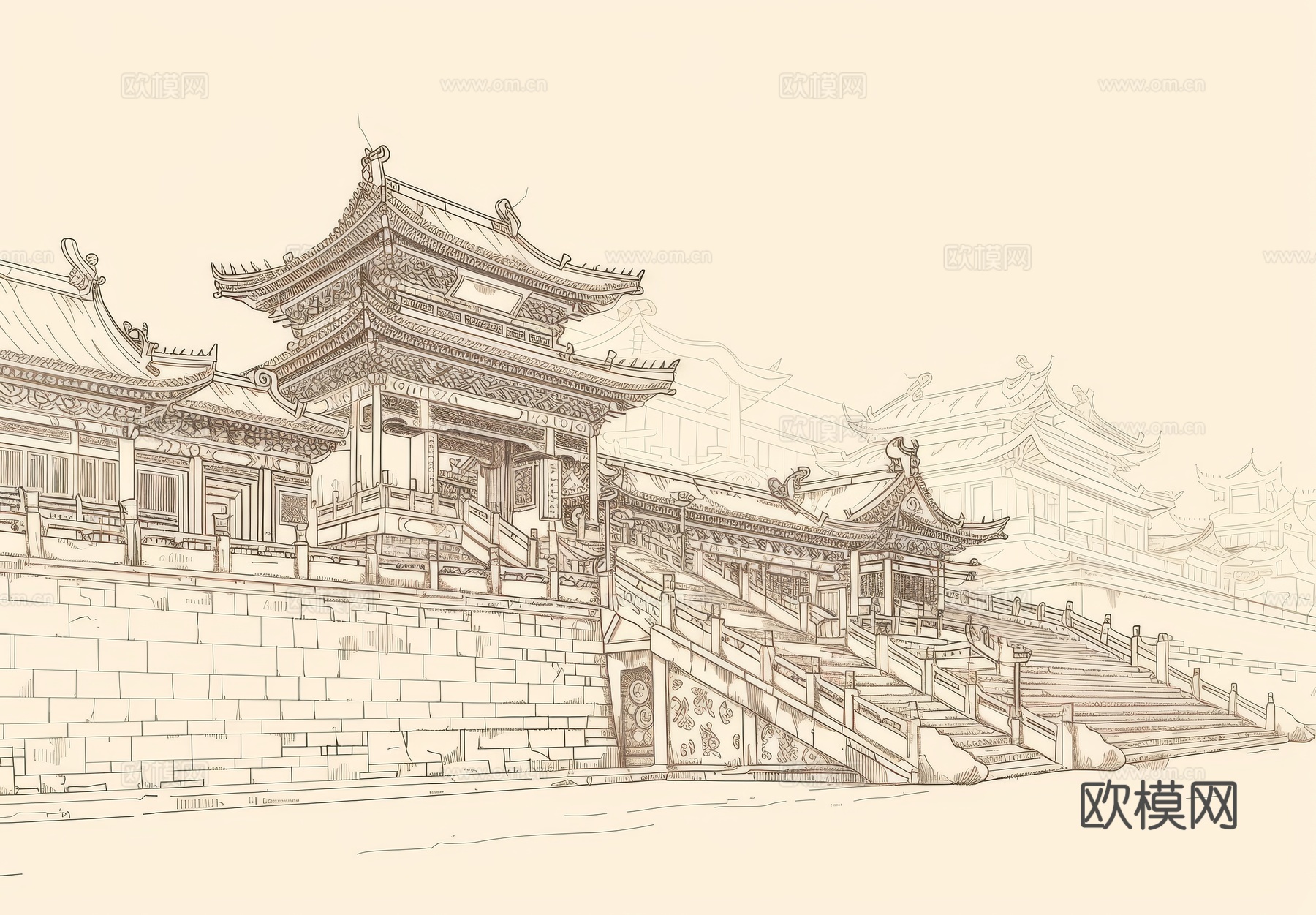 新中式亭台楼阁线条建筑壁画下载（渲染图2）