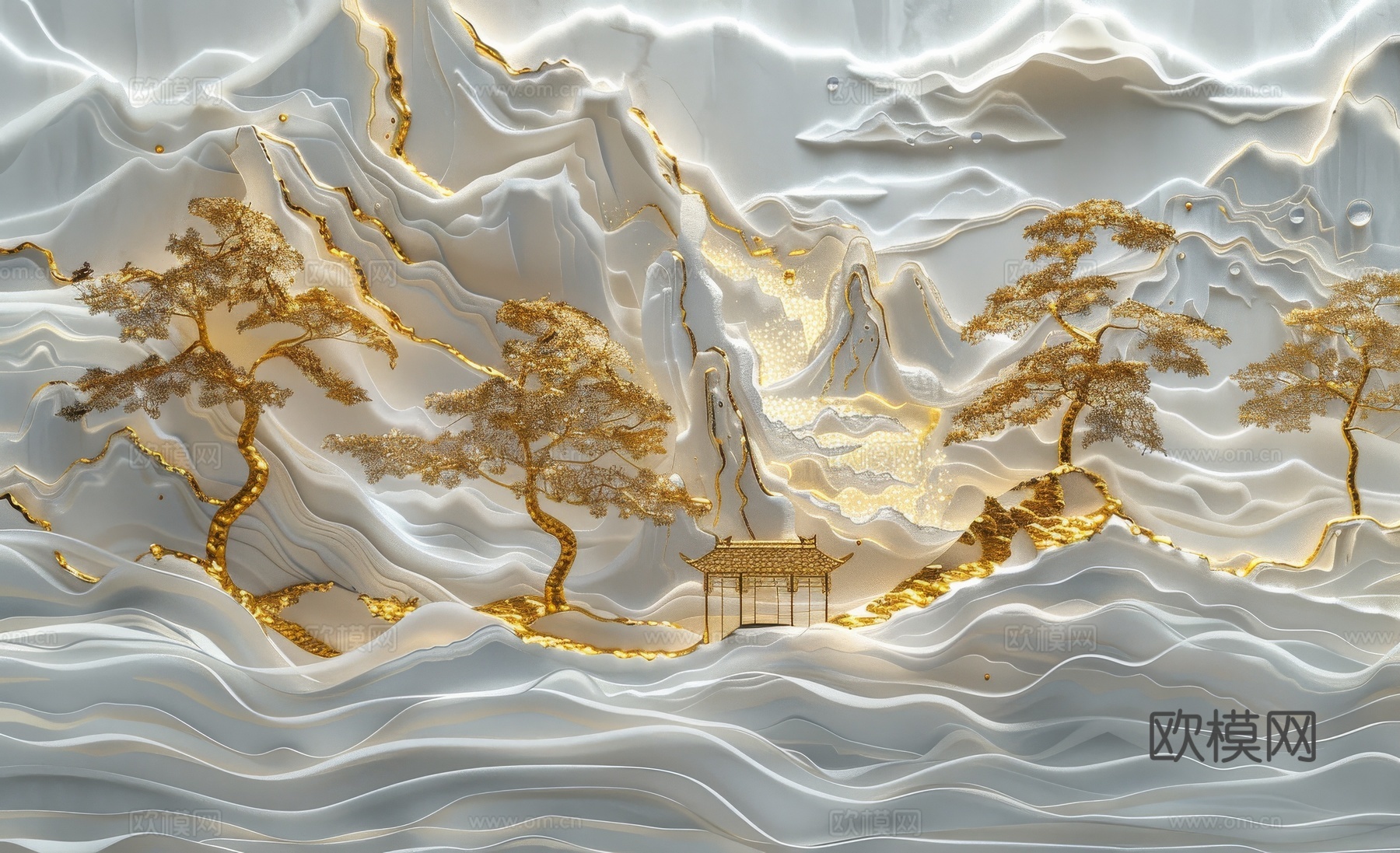 新中式亭台楼阁线条建筑壁画下载（渲染图6）