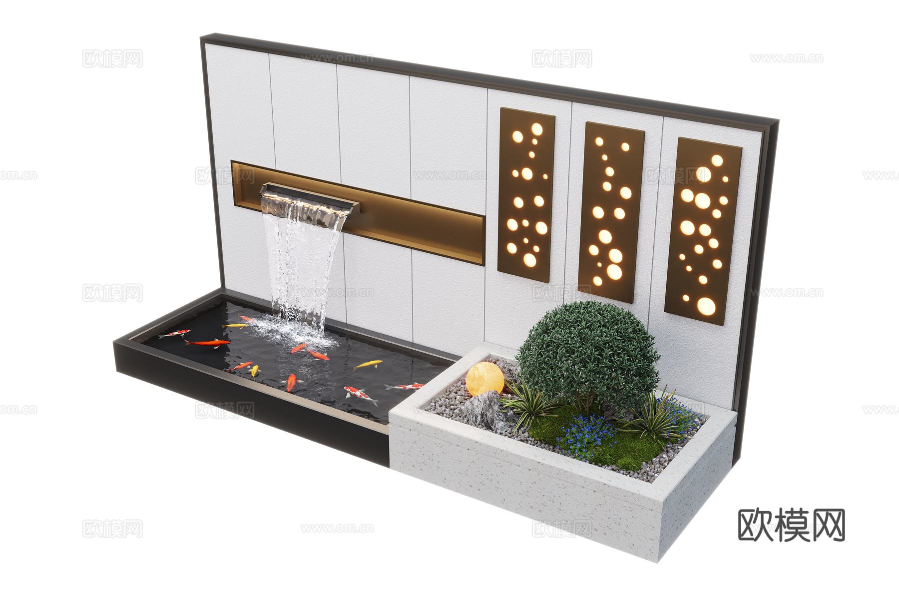 现代庭院水景 水景墙 叠水 景观植物 鱼池3d模型
