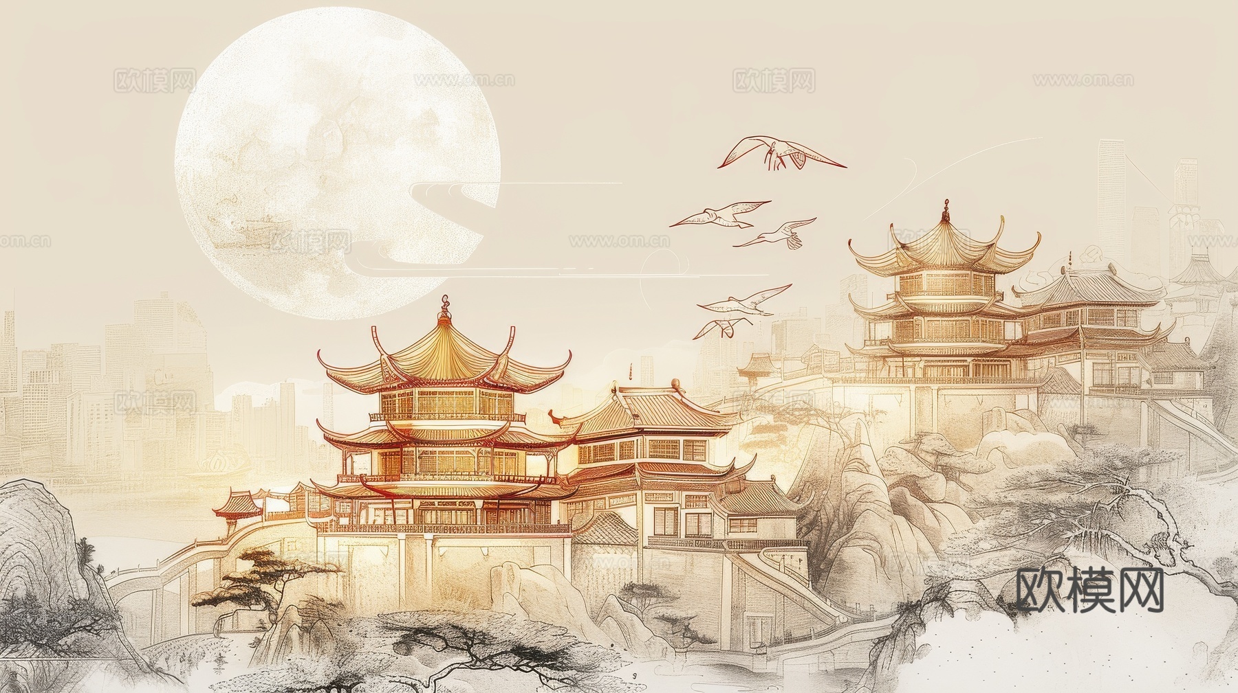 新中式亭台楼阁线条建筑壁画