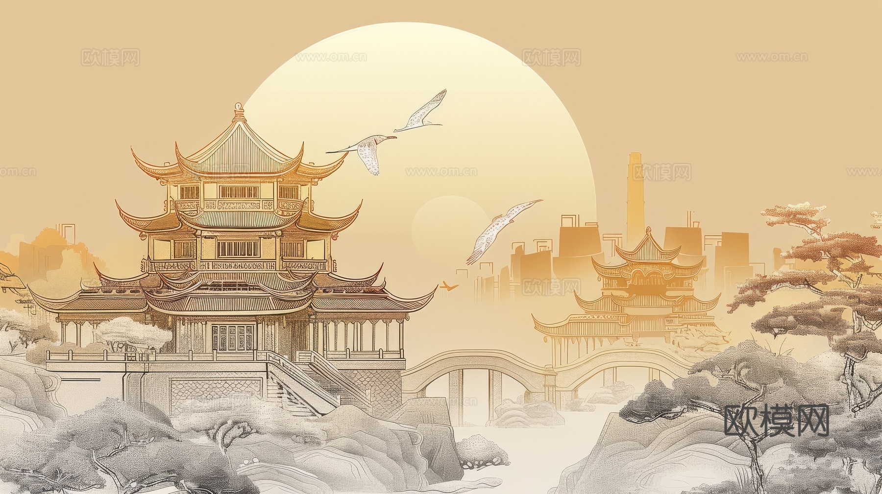 新中式亭台楼阁线条建筑壁画