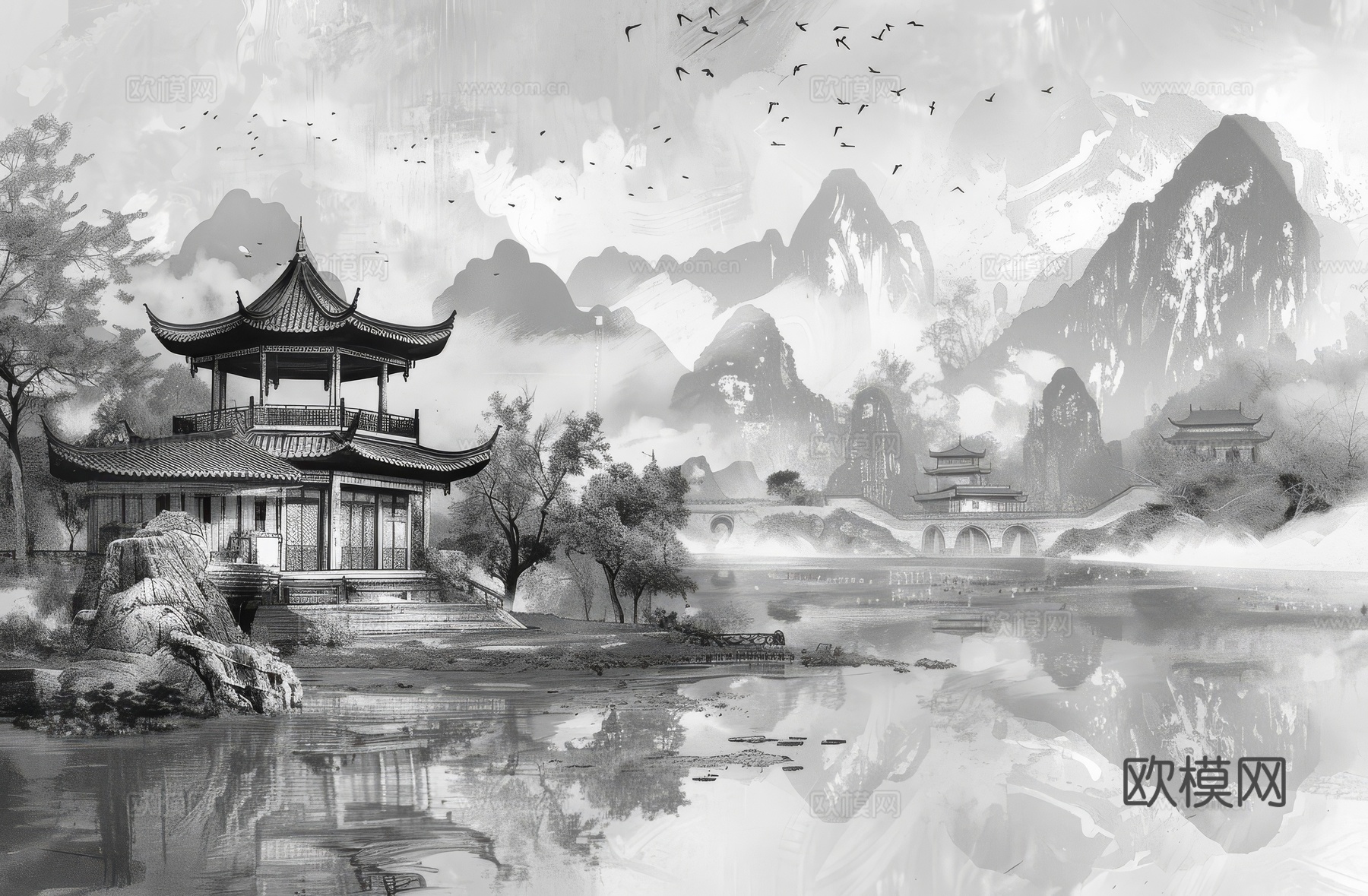 新中式亭台楼阁线条建筑壁画