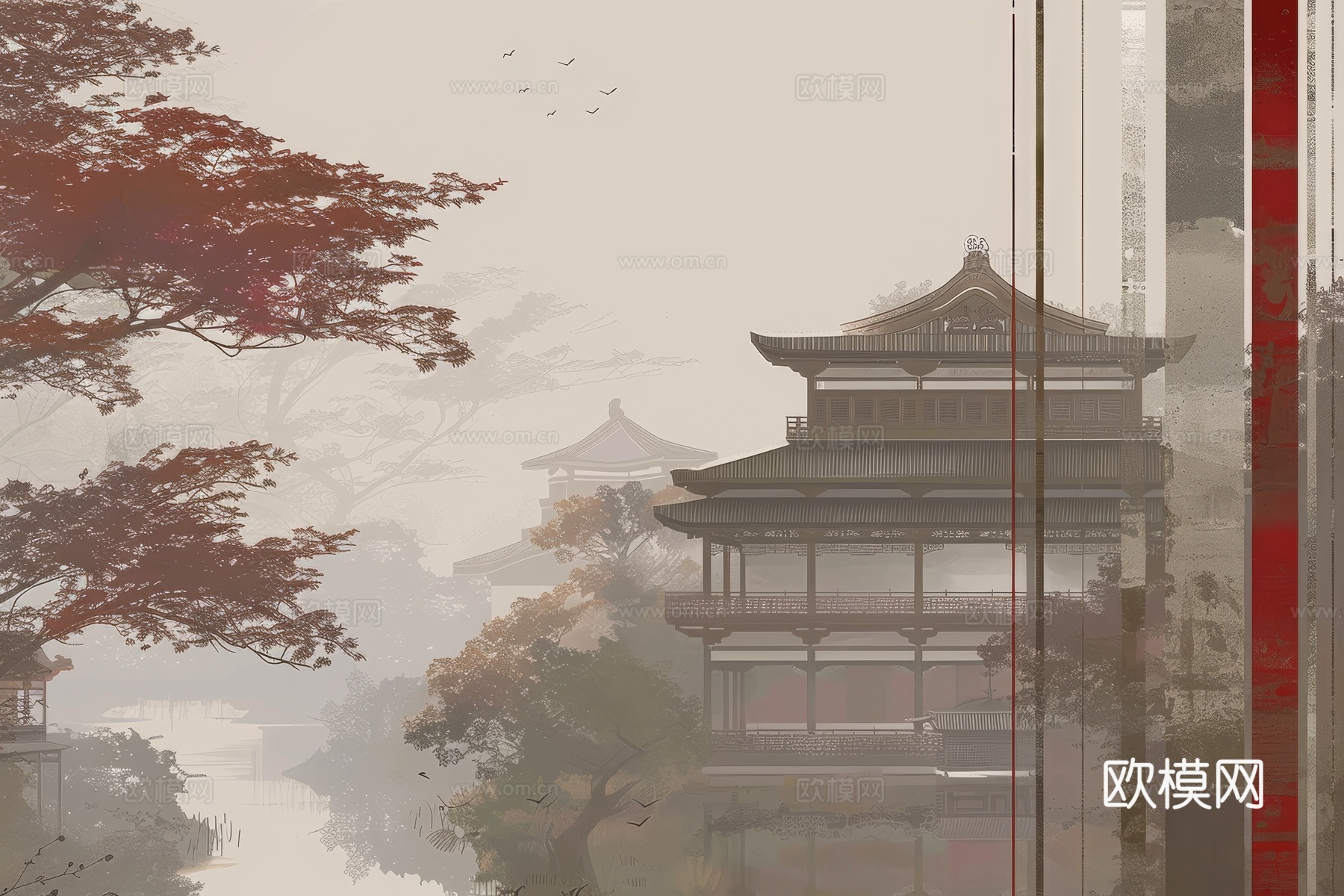 新中式亭台楼阁线条建筑壁画下载（渲染图5）