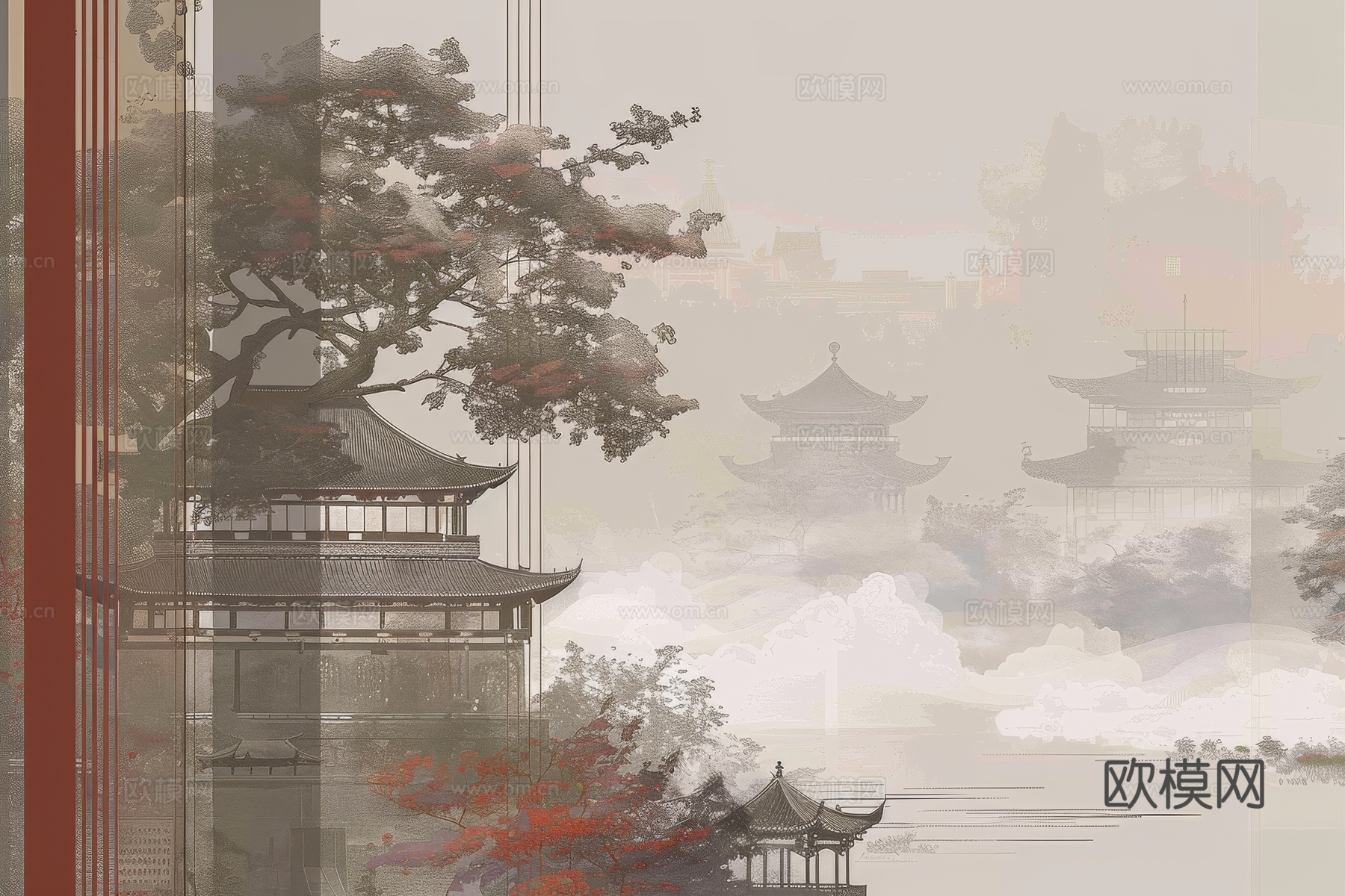 新中式亭台楼阁线条建筑壁画下载（渲染图7）