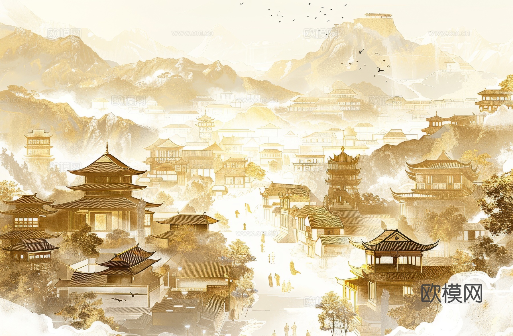 新中式亭台楼阁线条建筑壁画