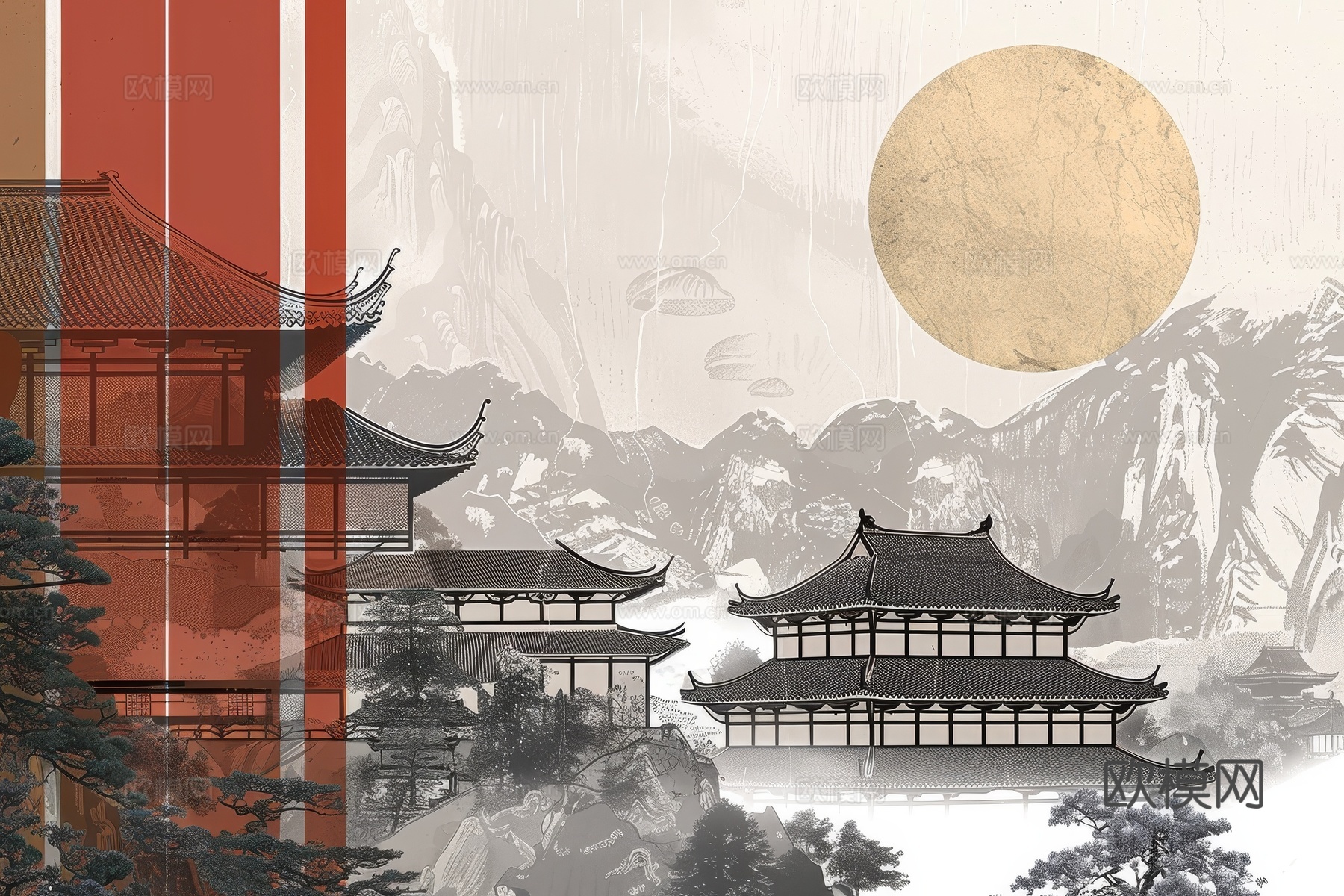 新中式亭台楼阁线条建筑壁画