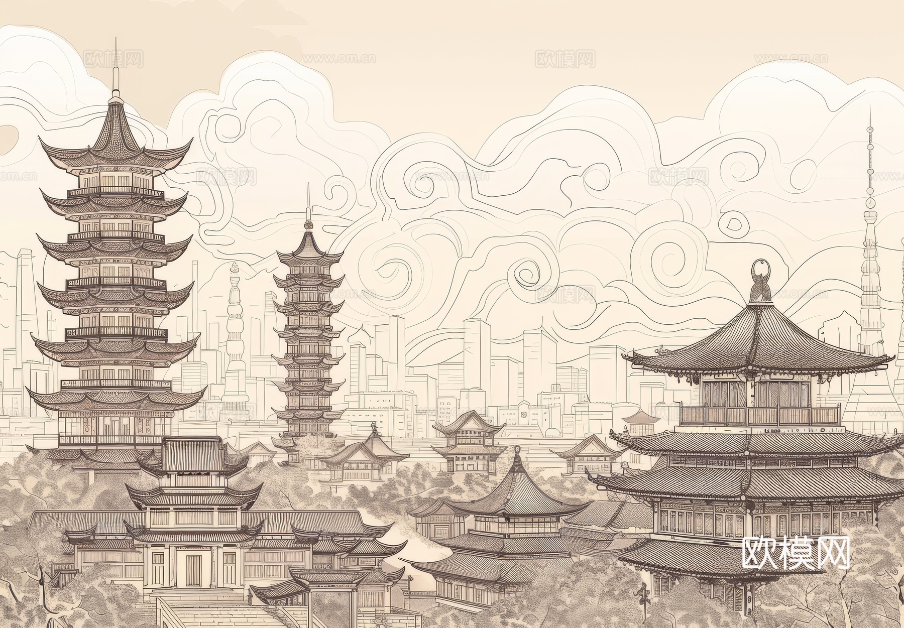 新中式亭台楼阁线条建筑壁画