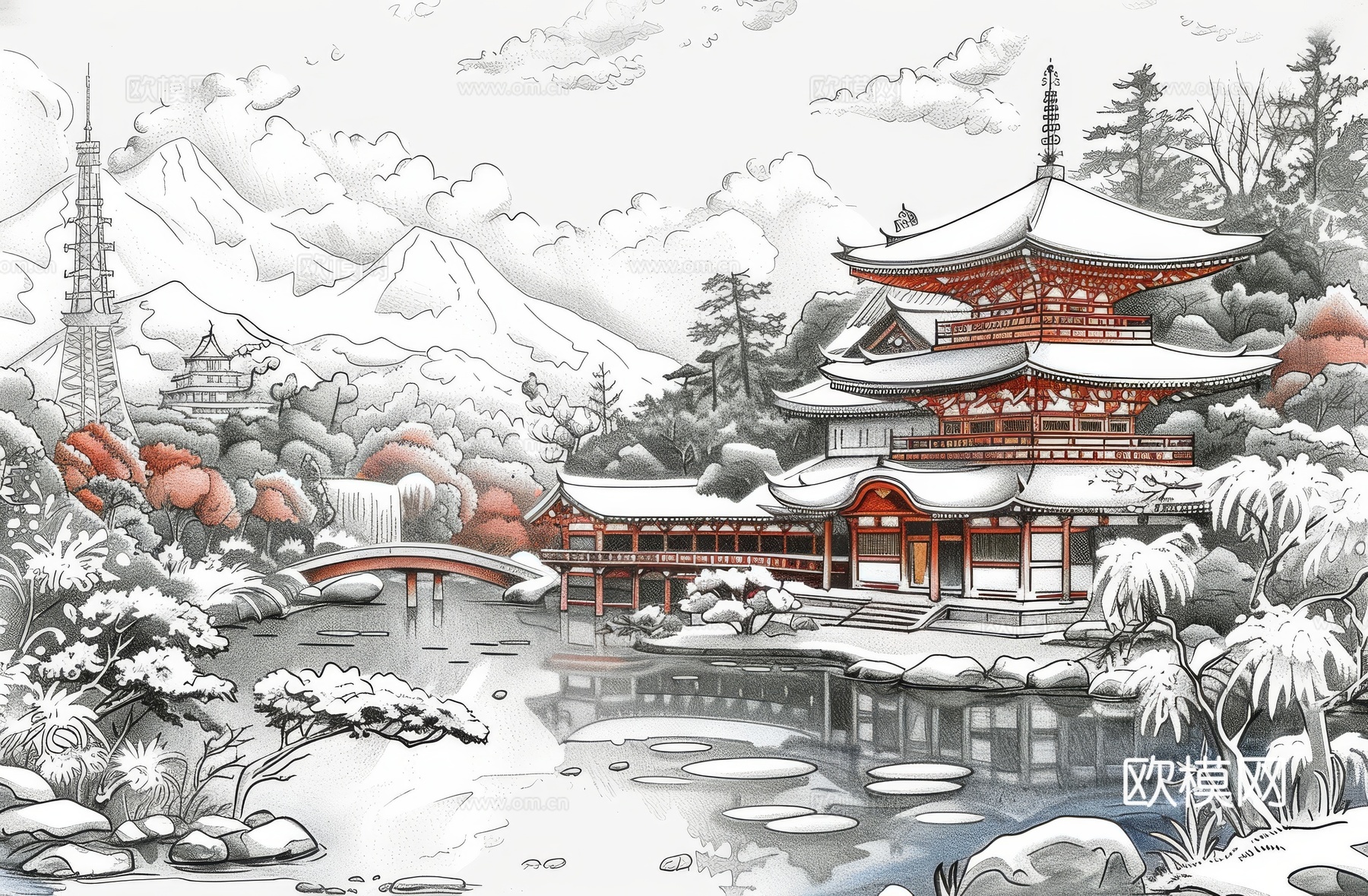 新中式亭台楼阁线条建筑壁画下载（渲染图6）