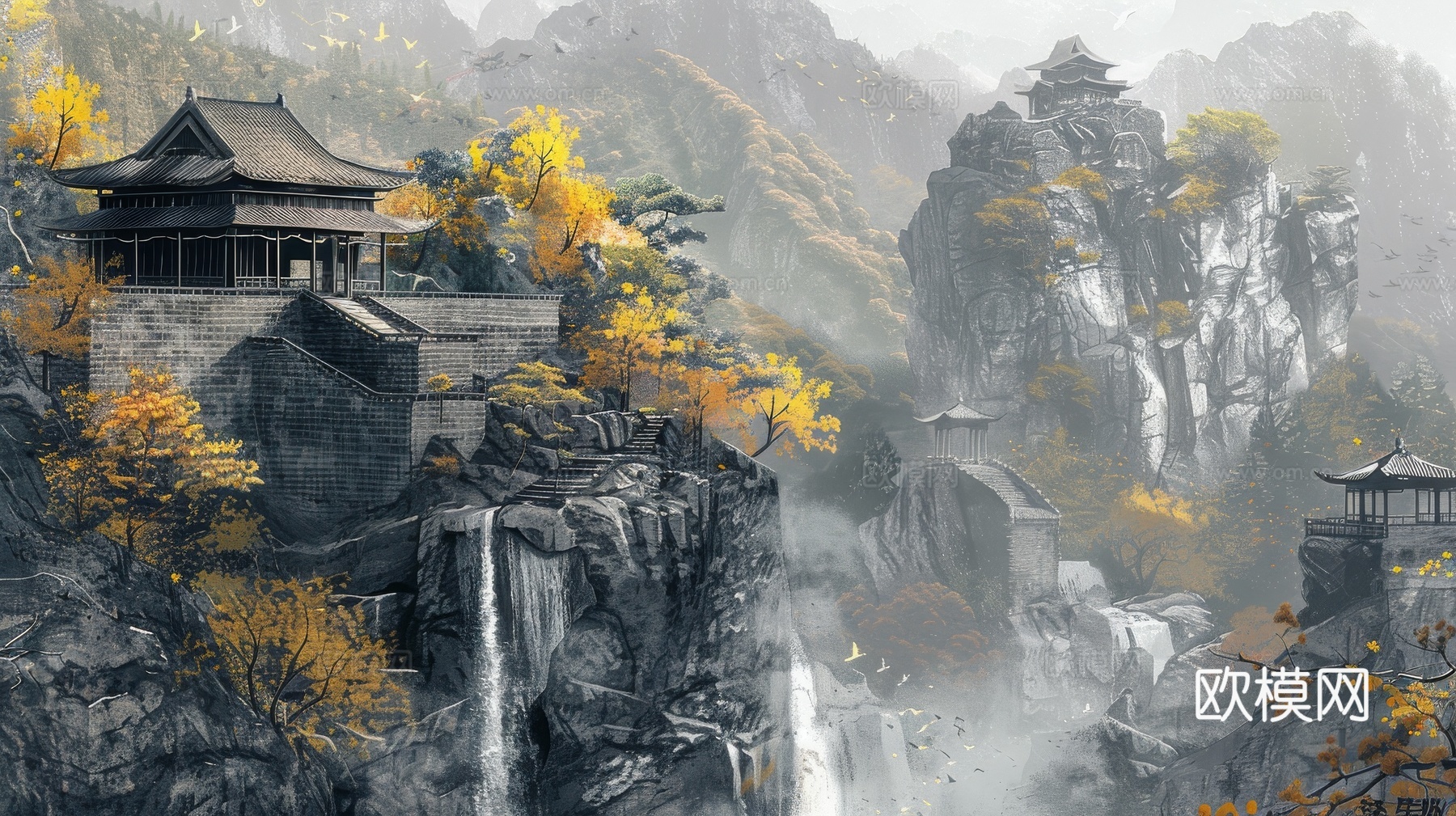 新中式亭台楼阁线条建筑壁画