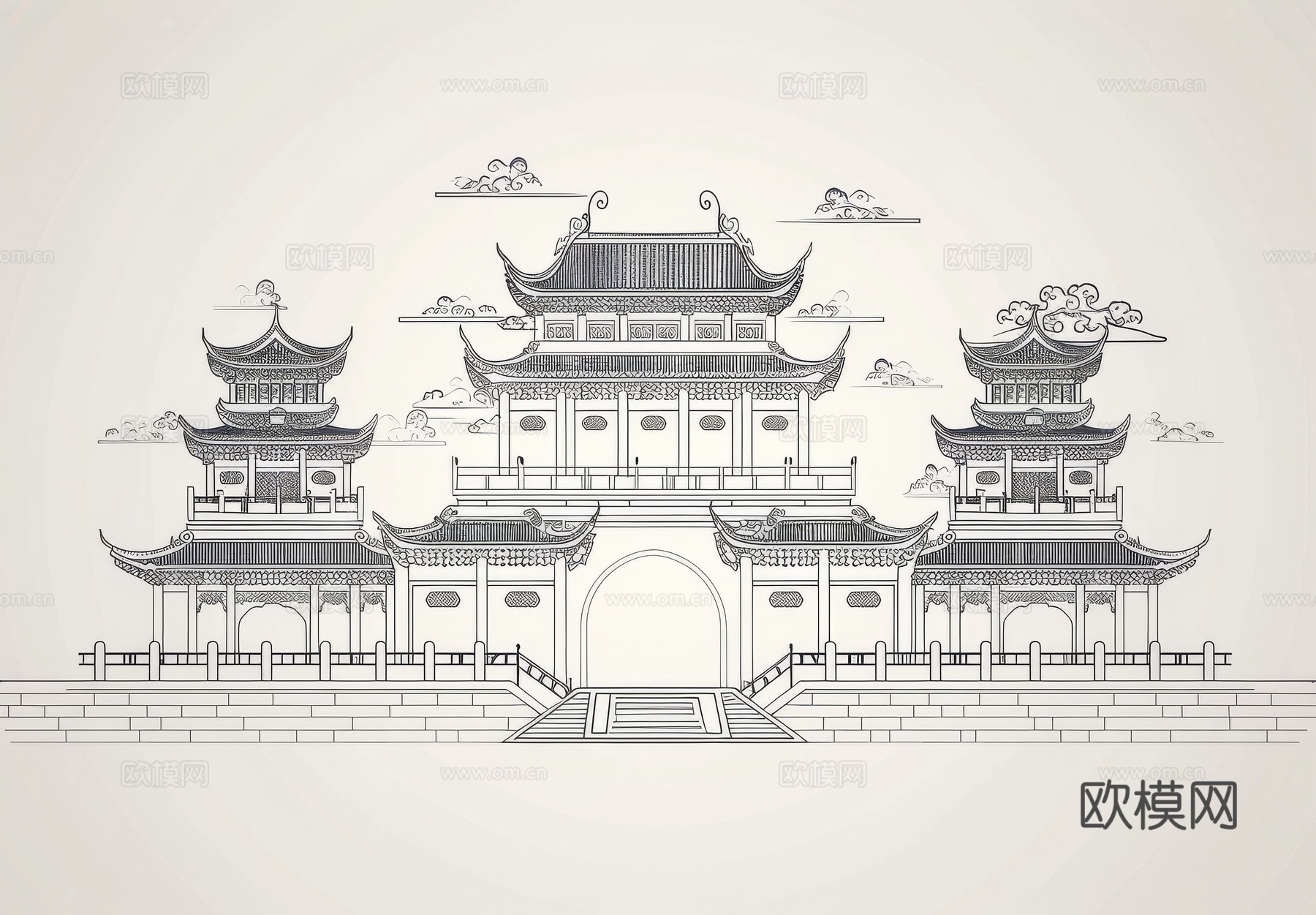 新中式亭台楼阁线条建筑壁画