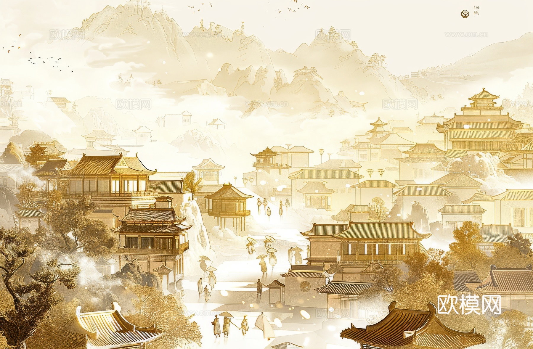 新中式亭台楼阁线条建筑壁画