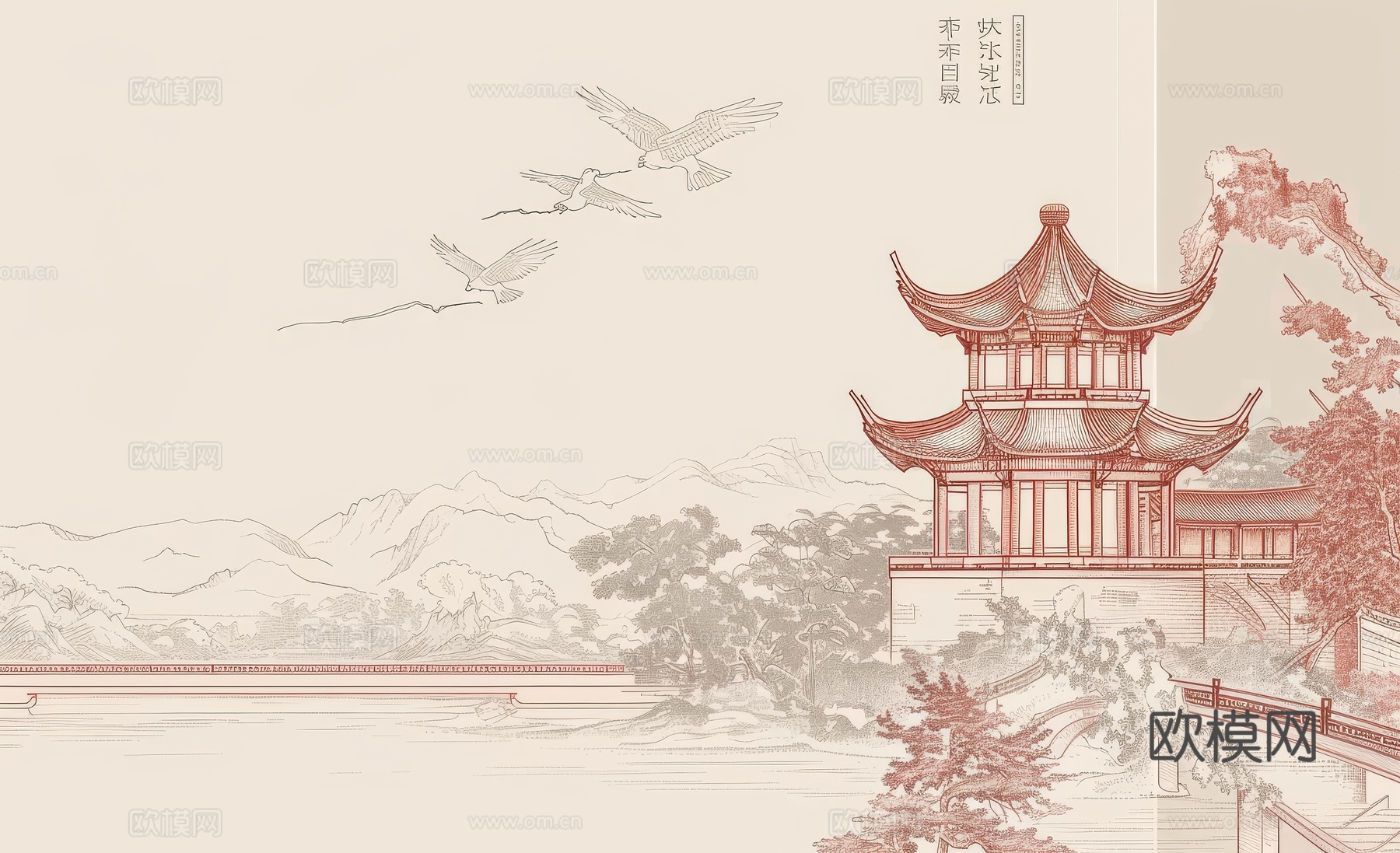 新中式亭台楼阁线条建筑壁画下载（渲染图6）