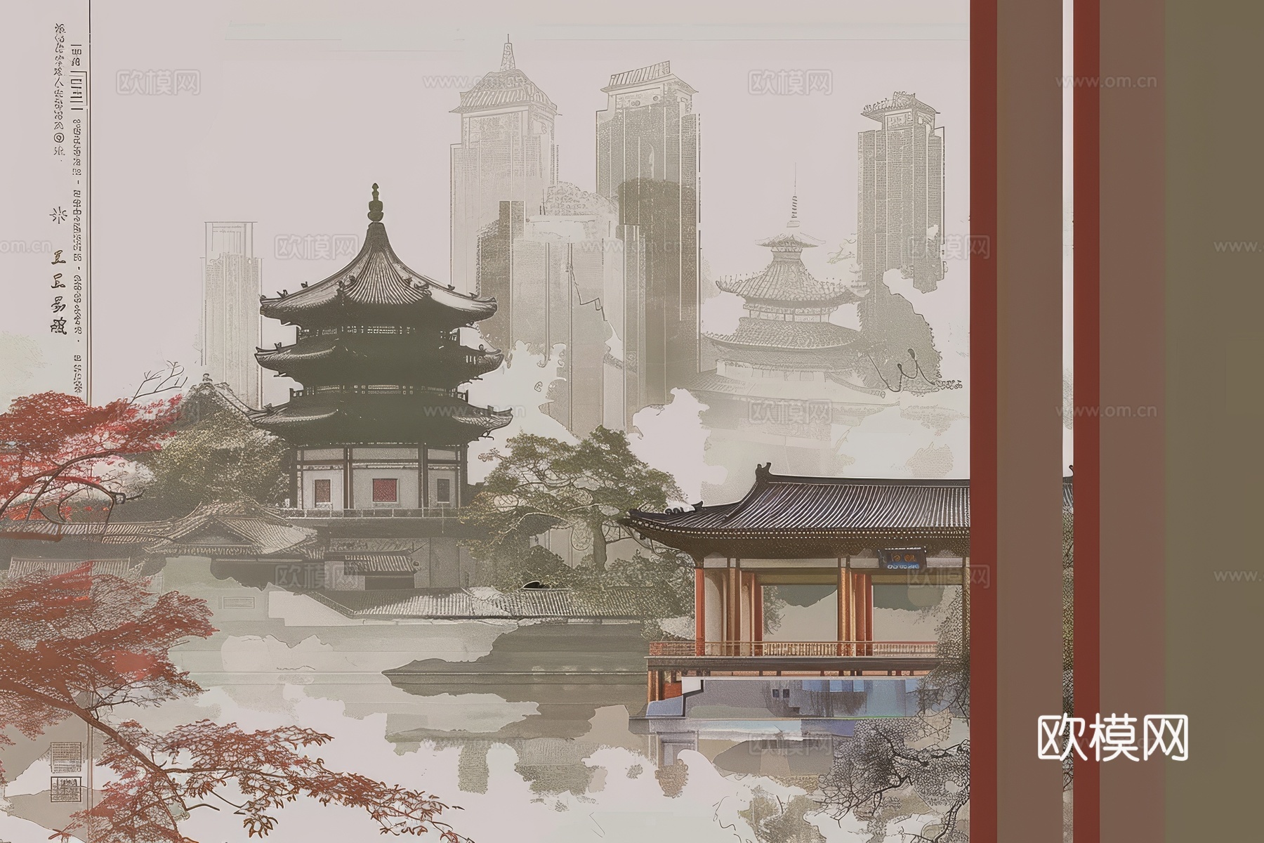 新中式亭台楼阁线条建筑壁画下载（渲染图3）