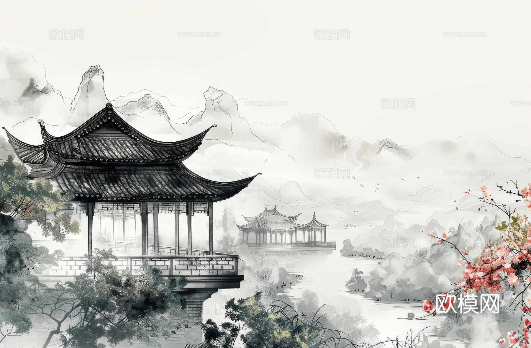 新中式亭台楼阁线条建筑壁画下载（渲染图2）