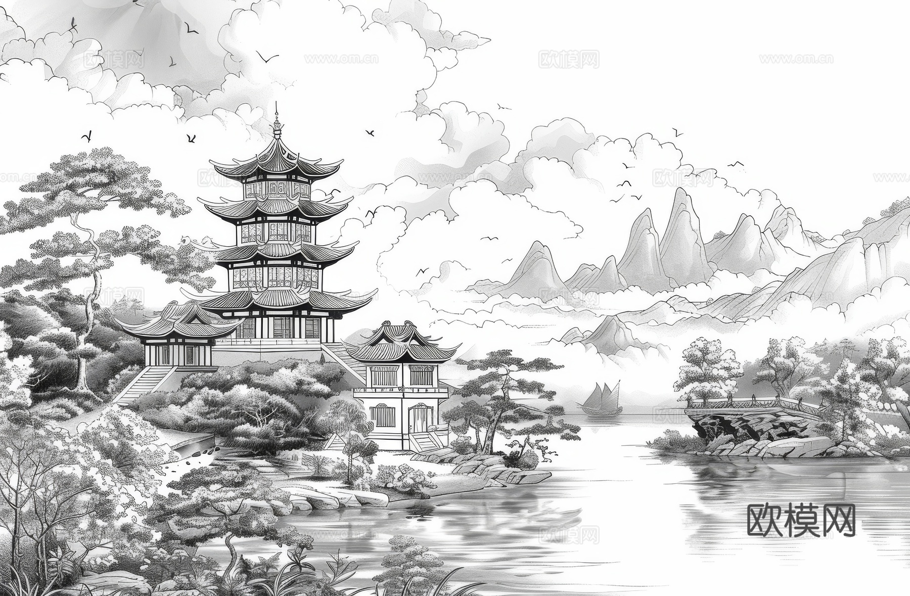 新中式亭台楼阁线条建筑壁画下载（渲染图1）