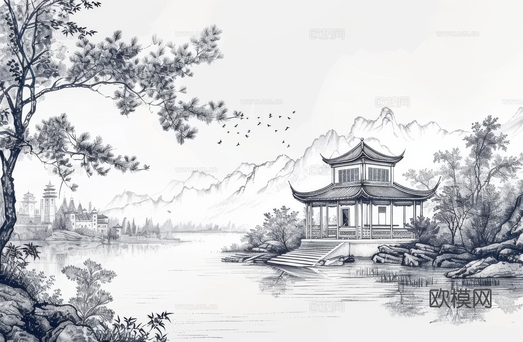 新中式亭台楼阁线条建筑壁画下载（渲染图3）