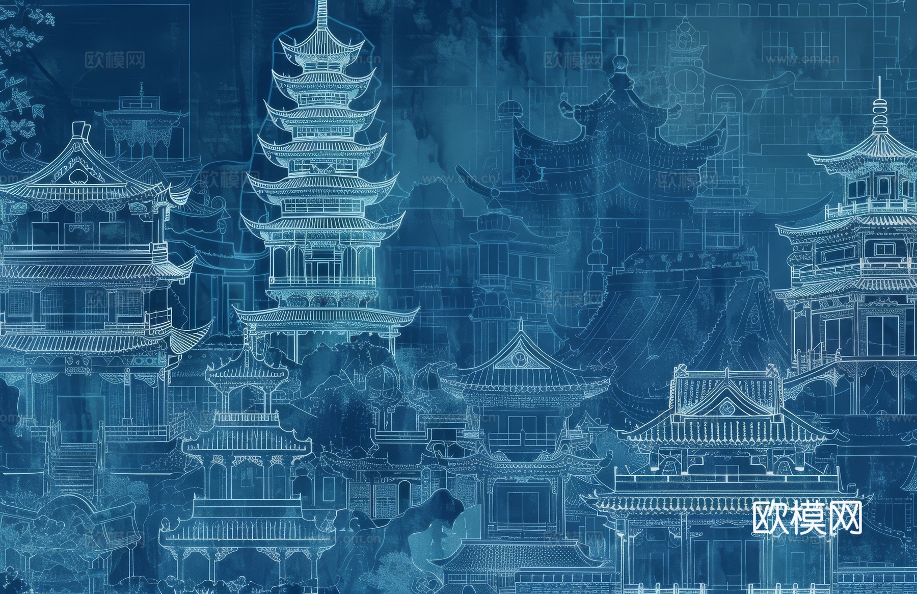 新中式亭台楼阁线条建筑壁画