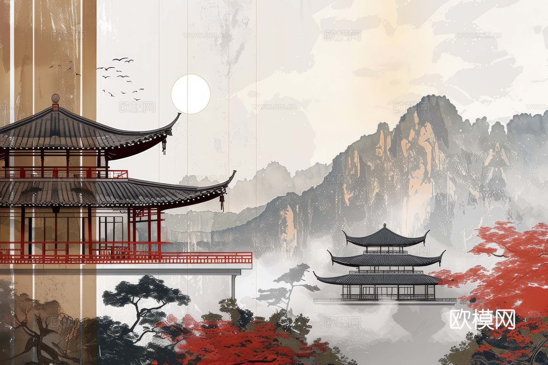 新中式亭台楼阁线条建筑壁画