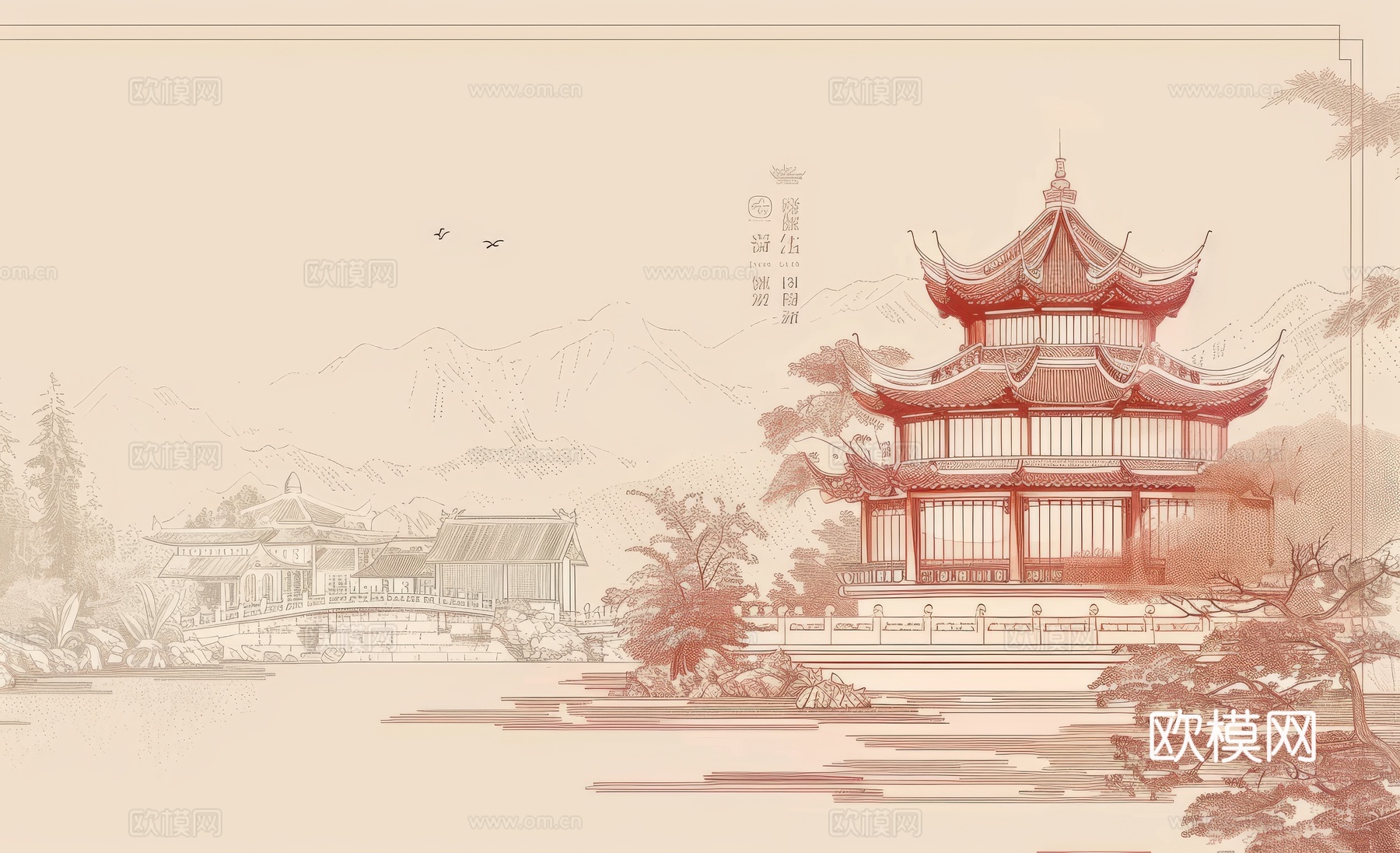 新中式亭台楼阁线条建筑壁画下载（渲染图8）