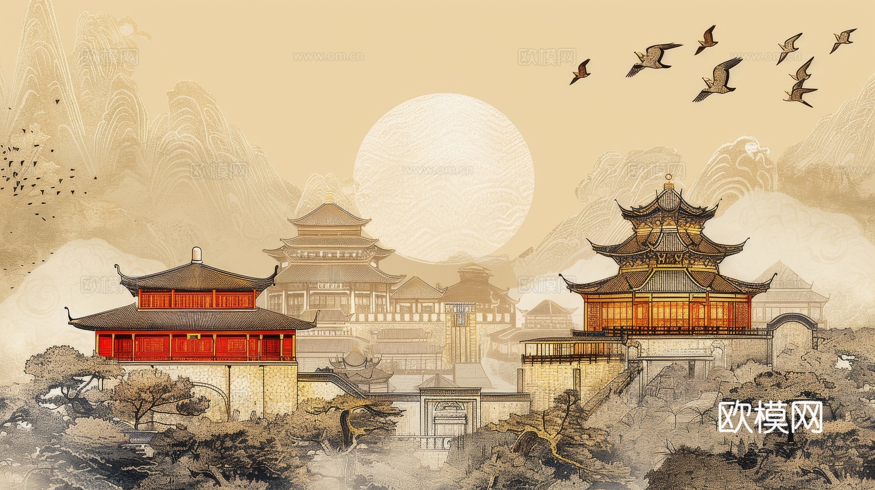 新中式亭台楼阁线条建筑壁画