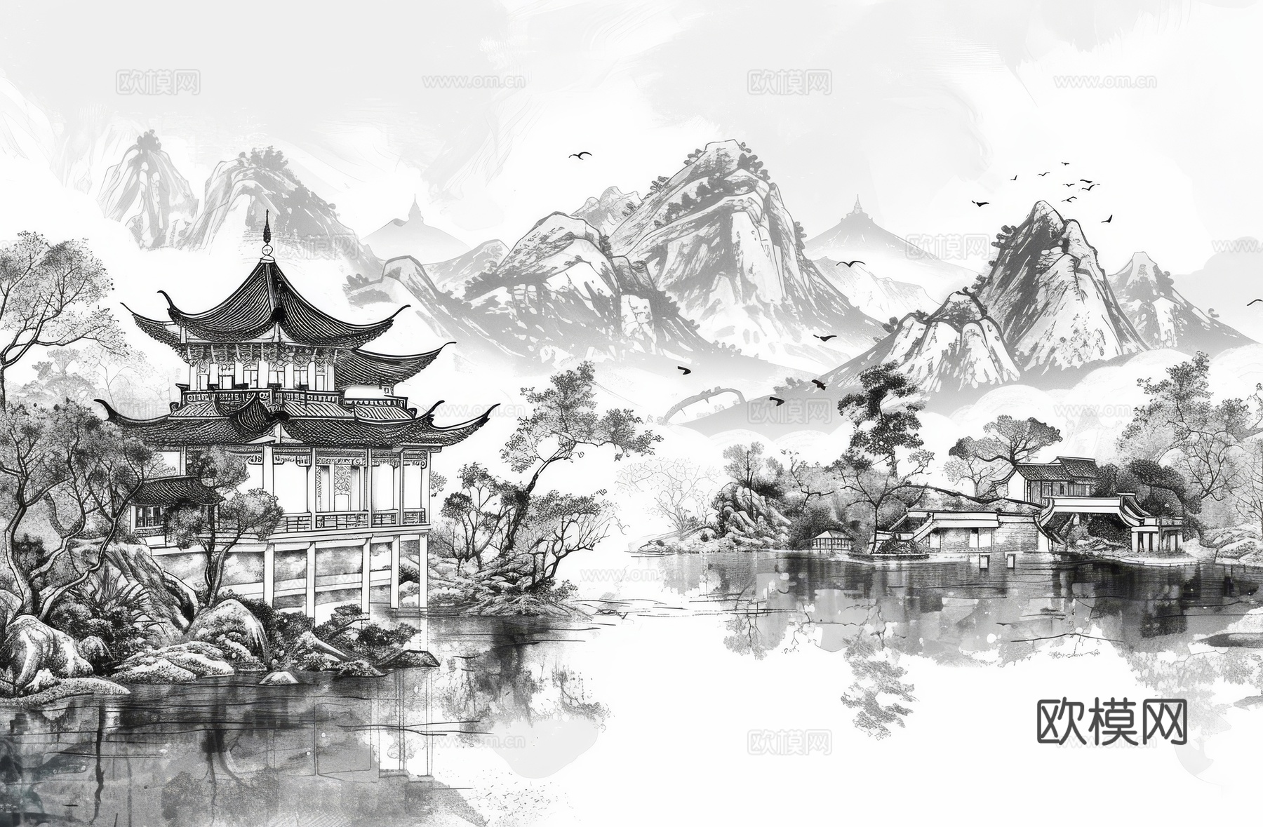 新中式亭台楼阁线条建筑壁画