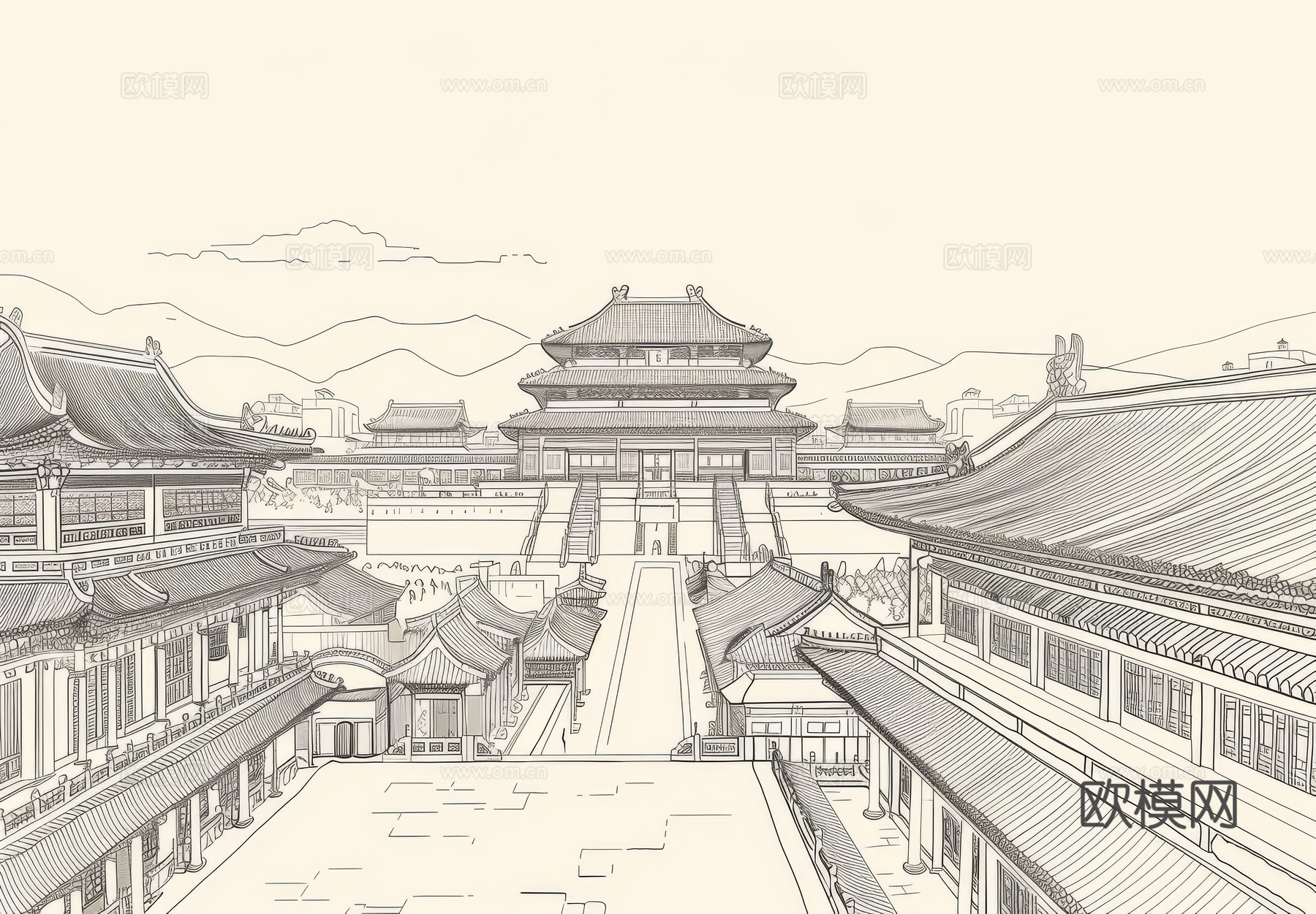 新中式亭台楼阁线条建筑壁画下载（渲染图8）