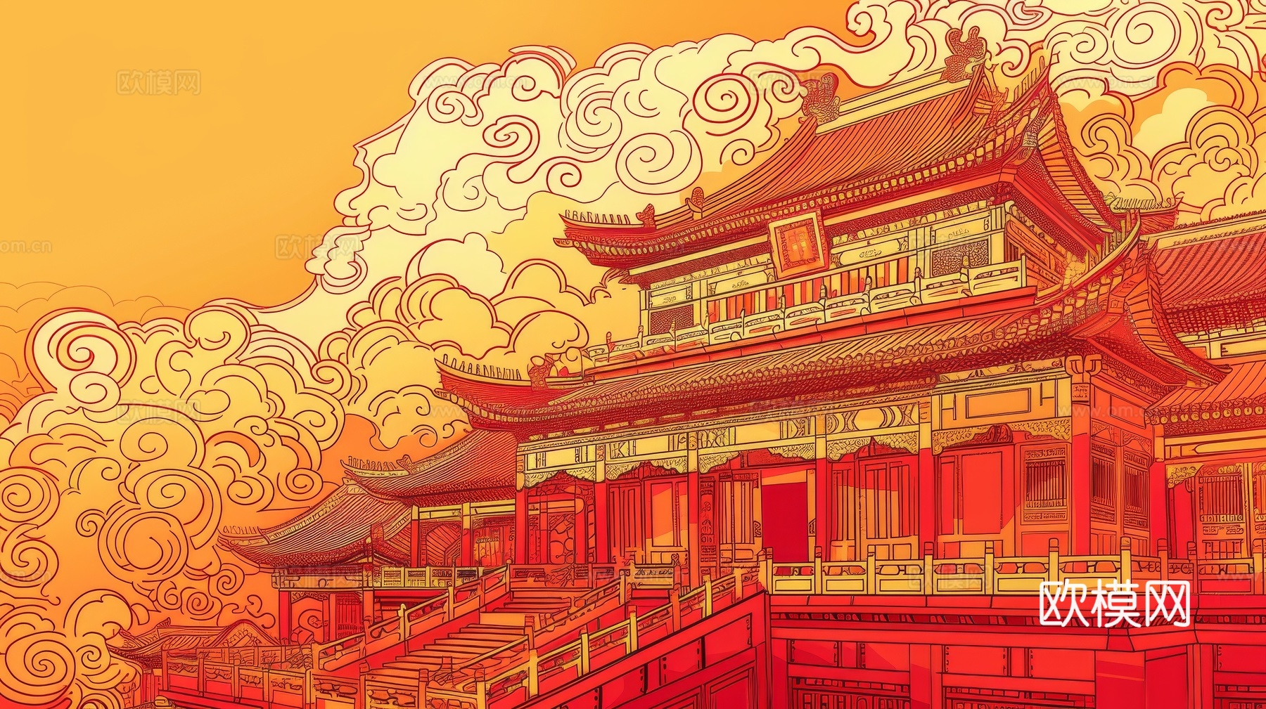 新中式亭台楼阁线条建筑壁画