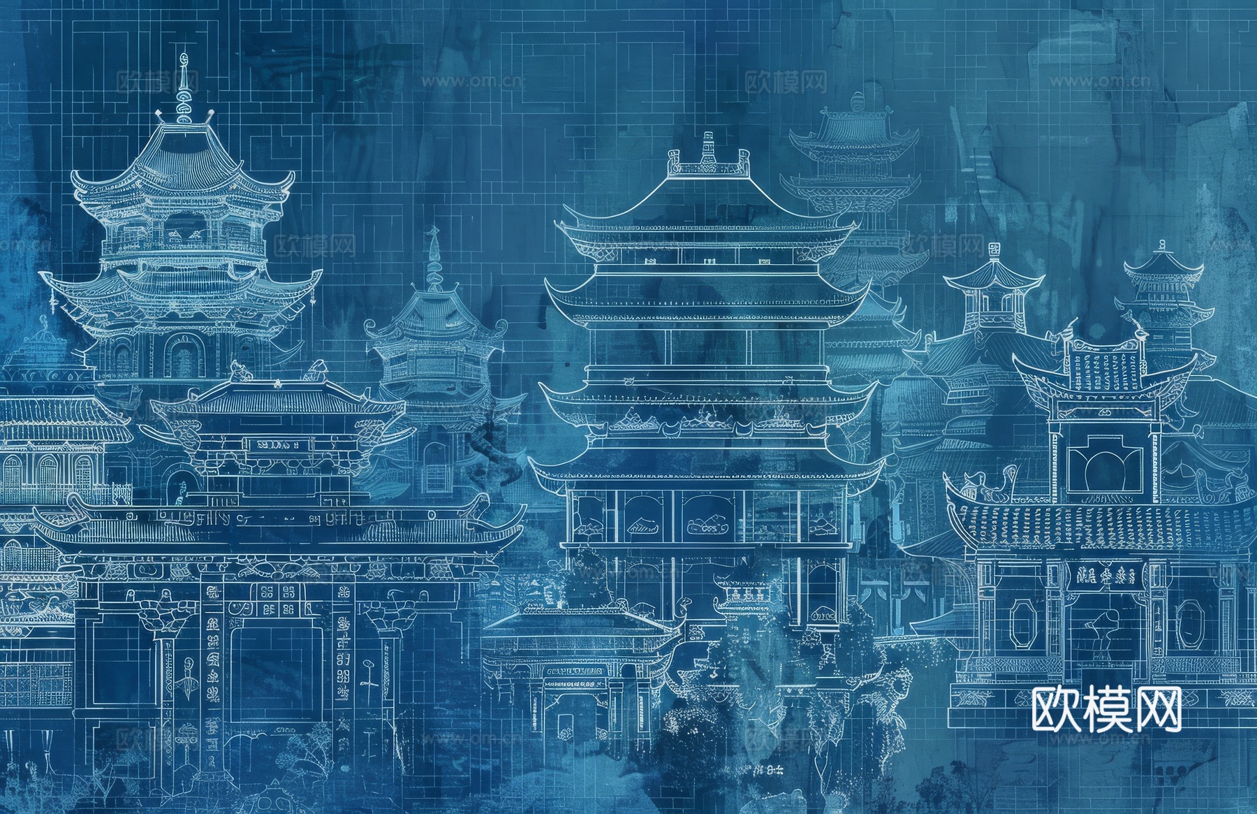 新中式亭台楼阁线条建筑壁画下载（渲染图1）