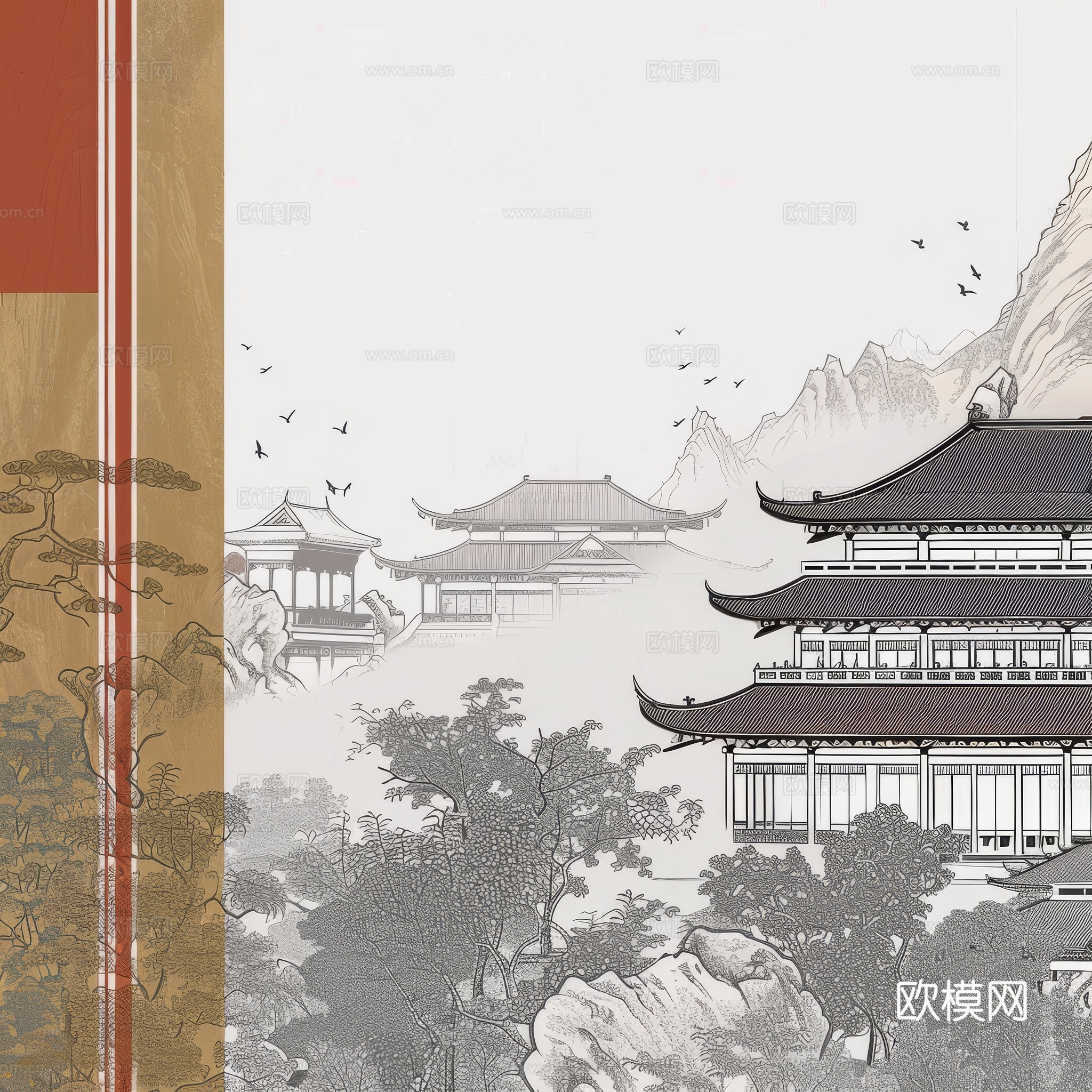 新中式亭台楼阁线条建筑壁画下载（渲染图6）