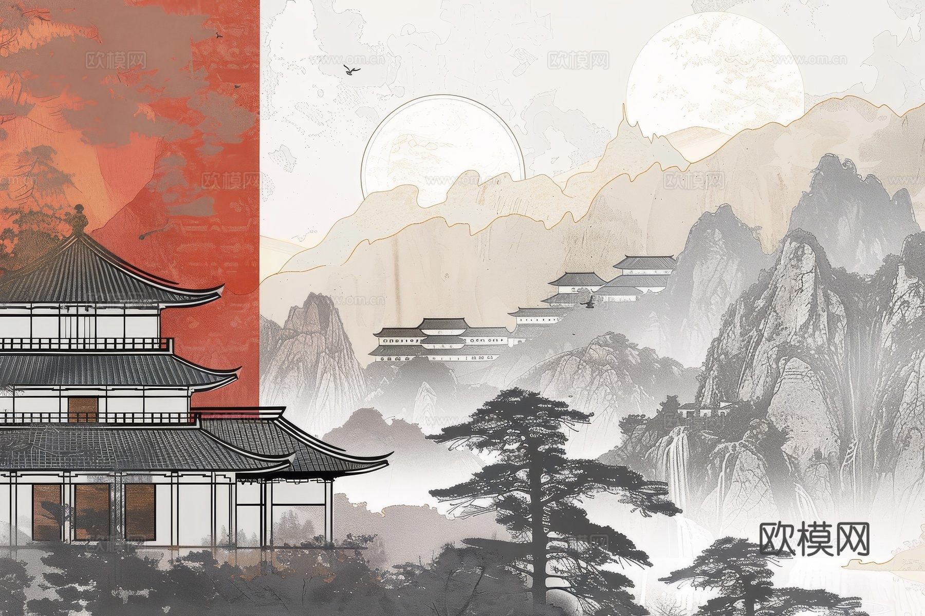 新中式亭台楼阁线条建筑壁画