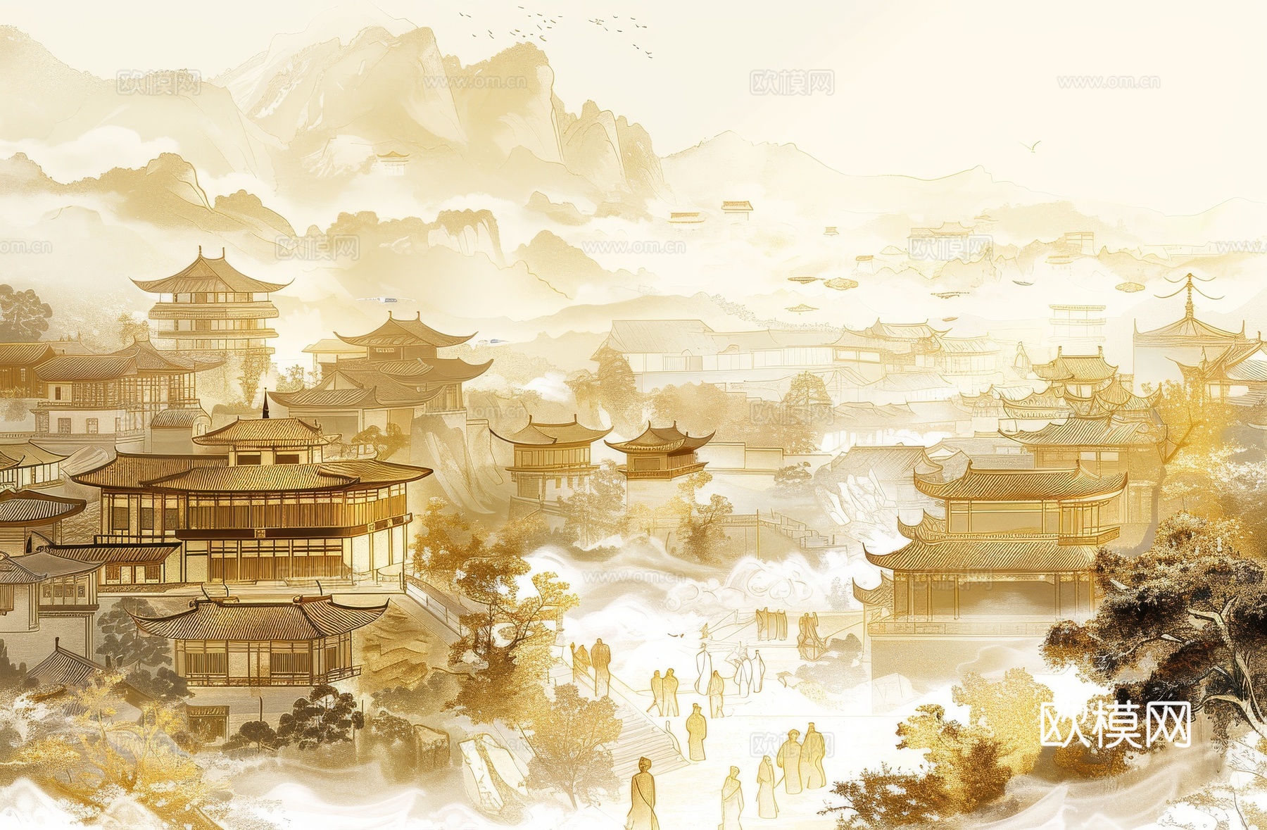 新中式亭台楼阁线条建筑壁画