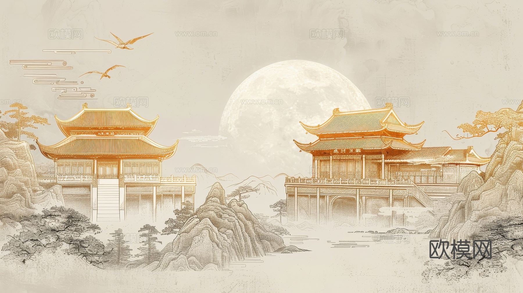 新中式亭台楼阁线条建筑壁画