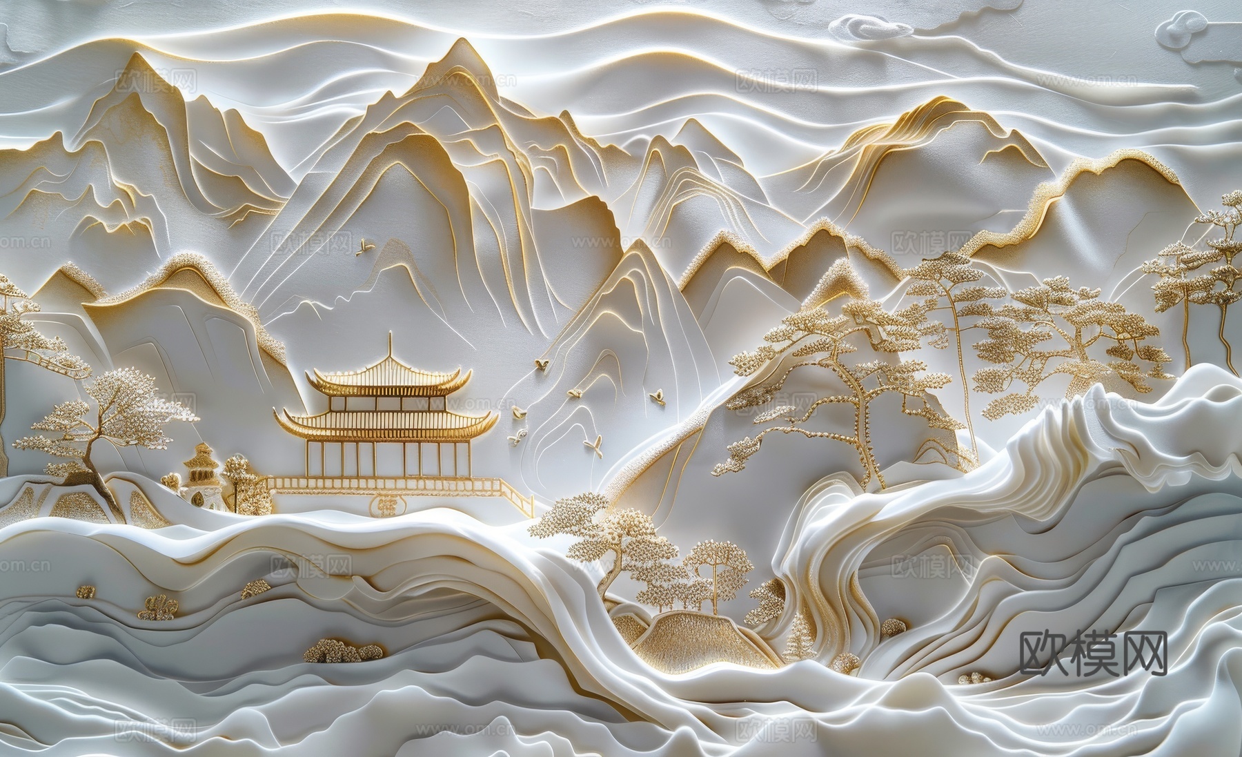 新中式亭台楼阁线条建筑壁画