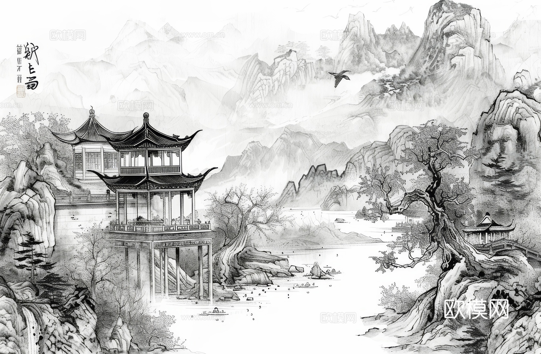 新中式亭台楼阁线条建筑壁画