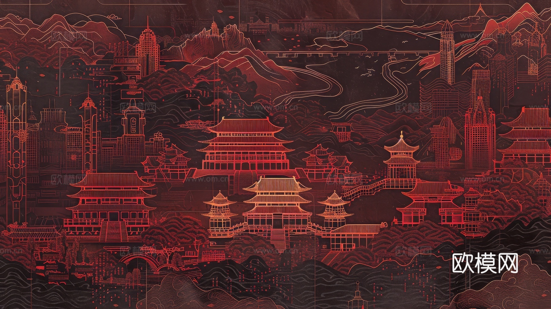 新中式亭台楼阁线条建筑壁画