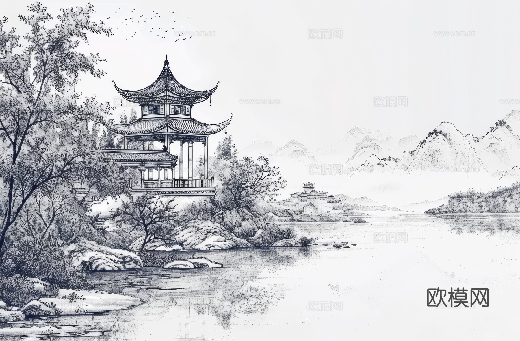 新中式亭台楼阁线条建筑壁画下载（渲染图8）