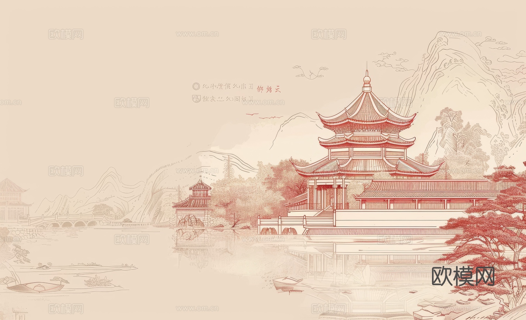 新中式亭台楼阁线条建筑壁画下载（渲染图5）